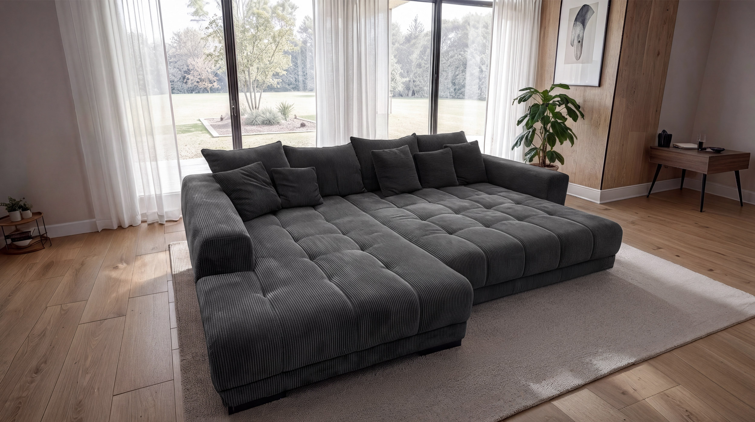 Ecksofa Cord grau elektrisch ausfahrbar 300 cm - OT links - ARTEMIS