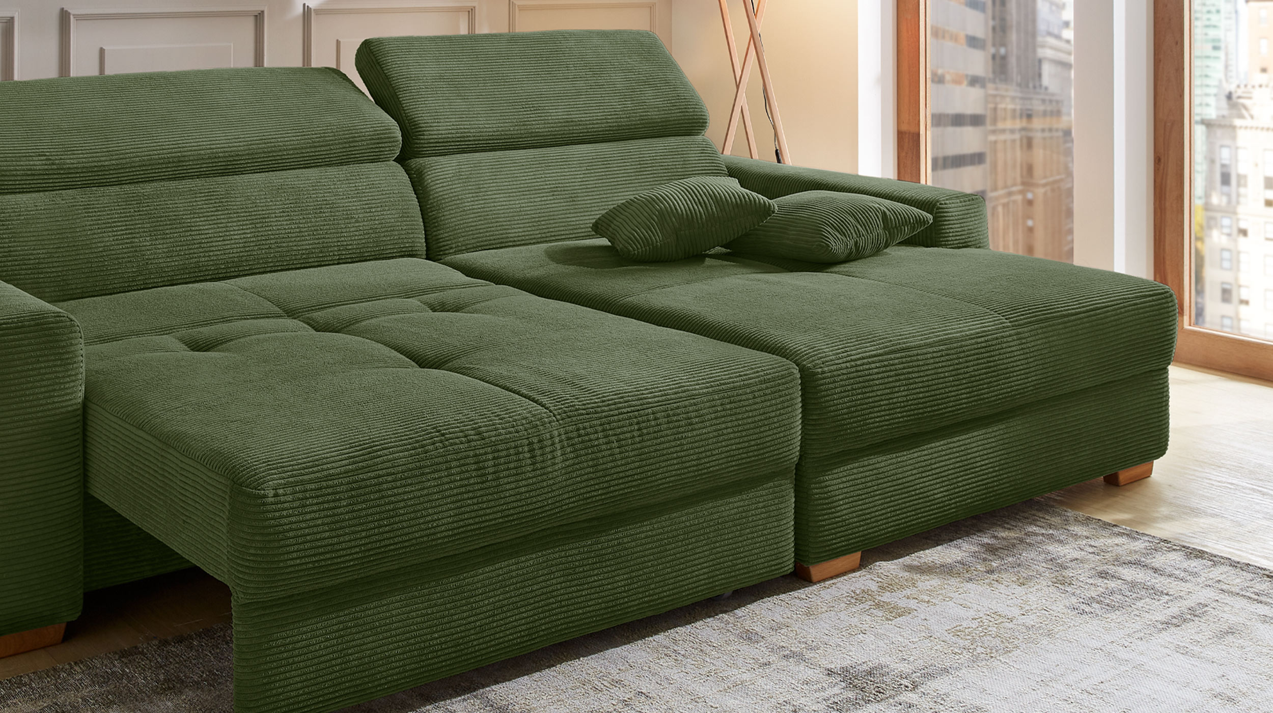 Ecksofa Cord grün 277 x 187 cm mit Relaxfunktion - SLIDER