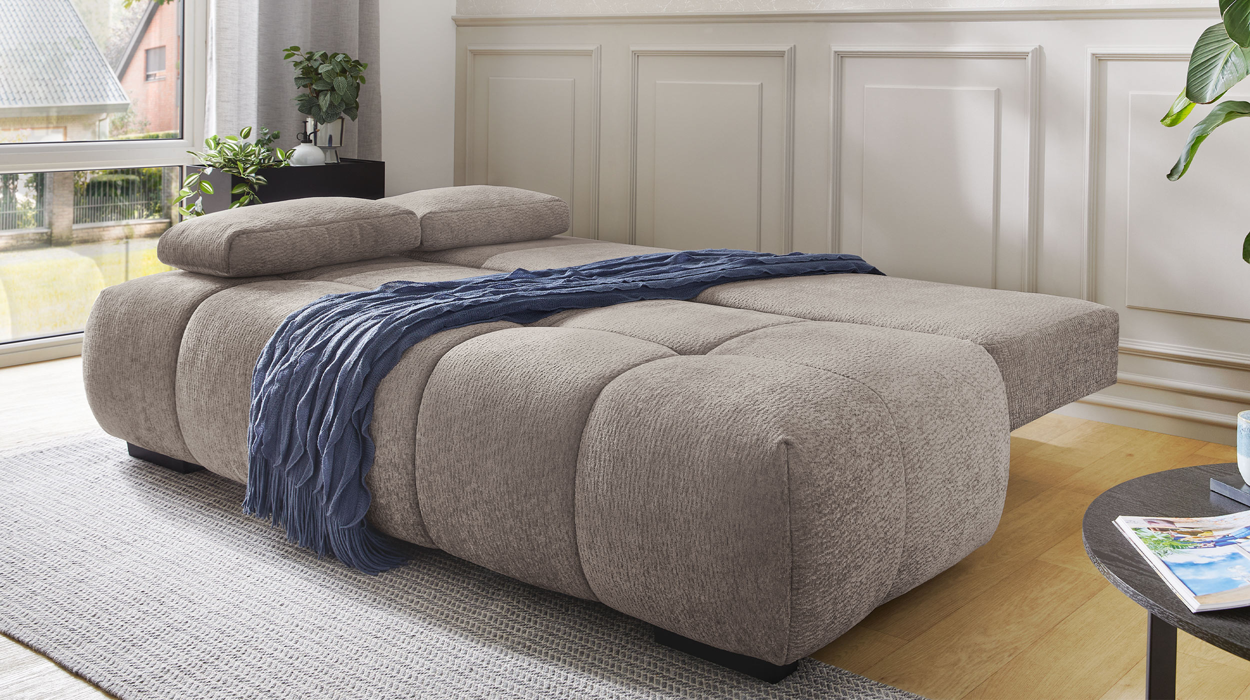 Schlafsofa grau-beige mit Bettkasten 213 cm - RENO 
