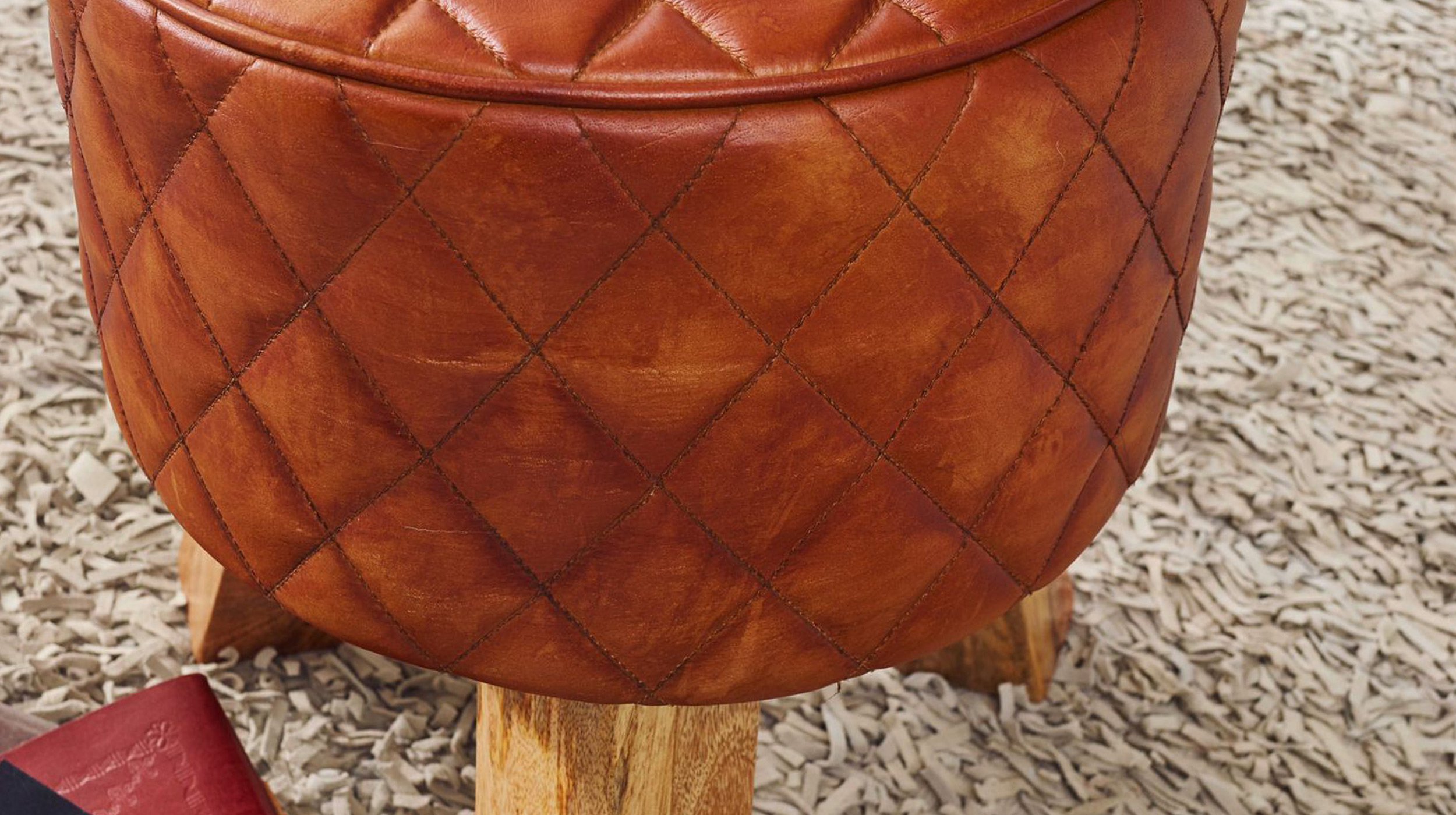 Sitz- & Fußhocker rund Echtleder braun - Mango massiv - RIST