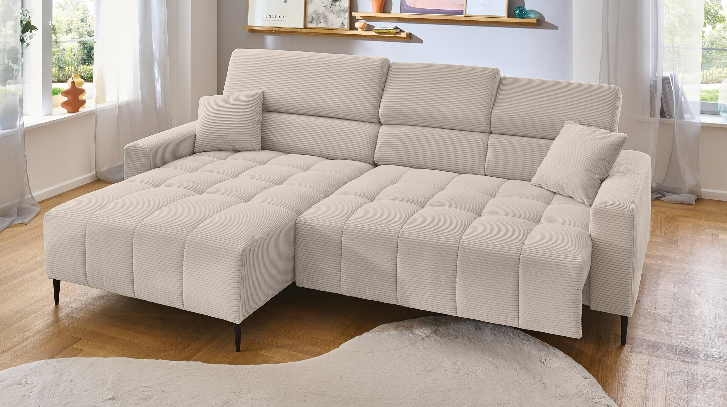 Ecksofa Cord beige ausziehbar - Sitztiefenverstellung 256 cm - OT links - SIMPLE 