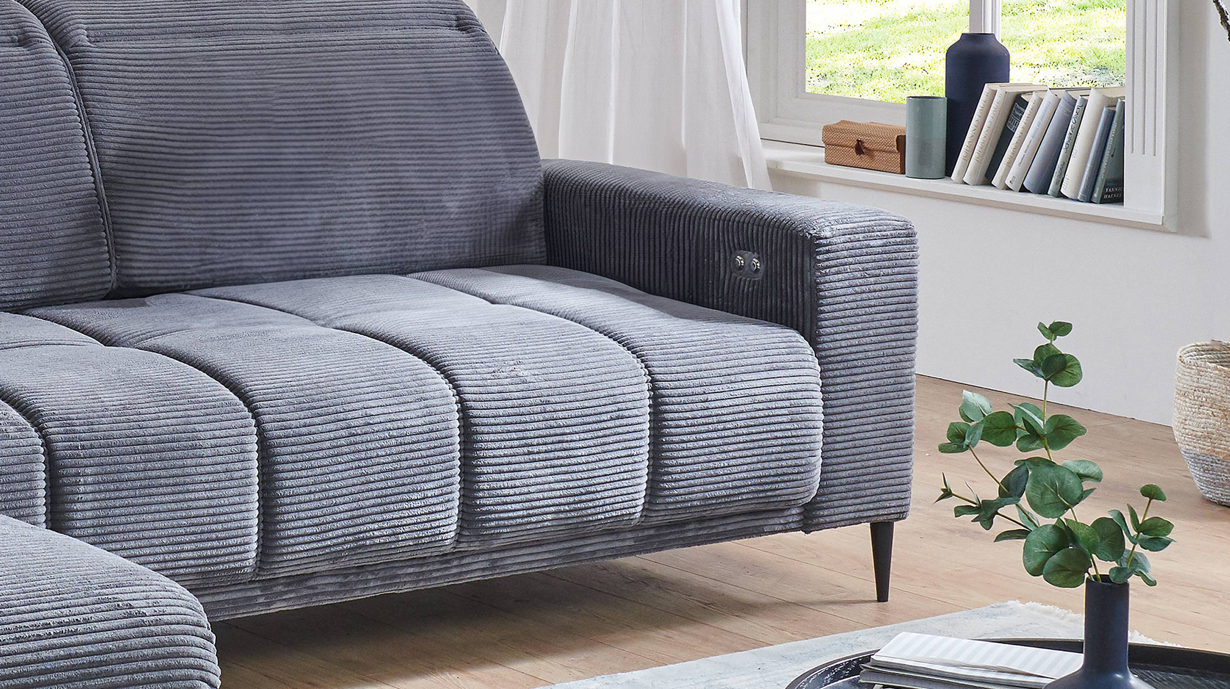 Ecksofa Cord grau ausziehbar - Sitztiefenverstellung 286 cm - OT links - MARISOL