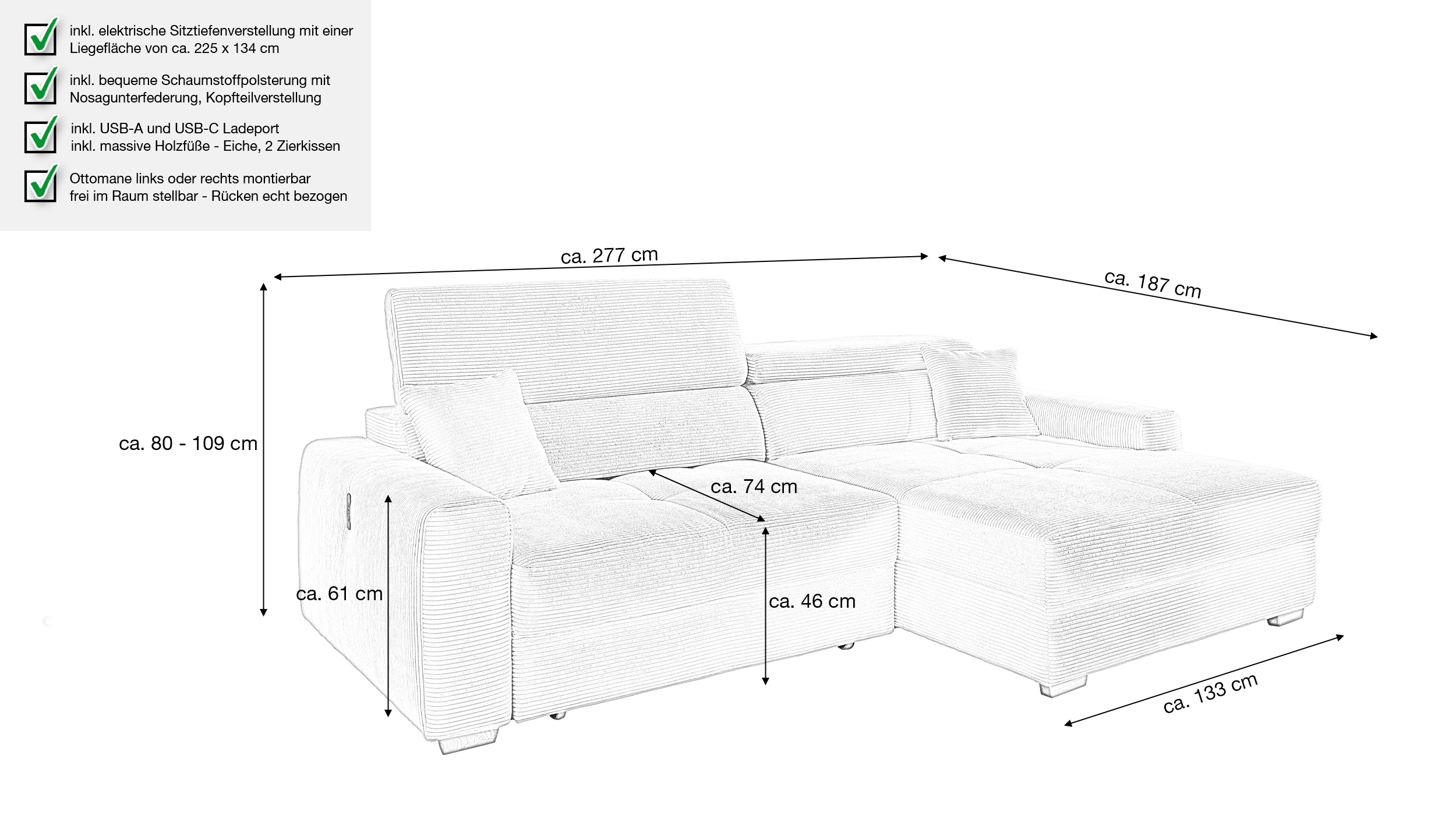Ecksofa Cord elektrisch ausfahrbar grau-beige 277 cm - SLIDER