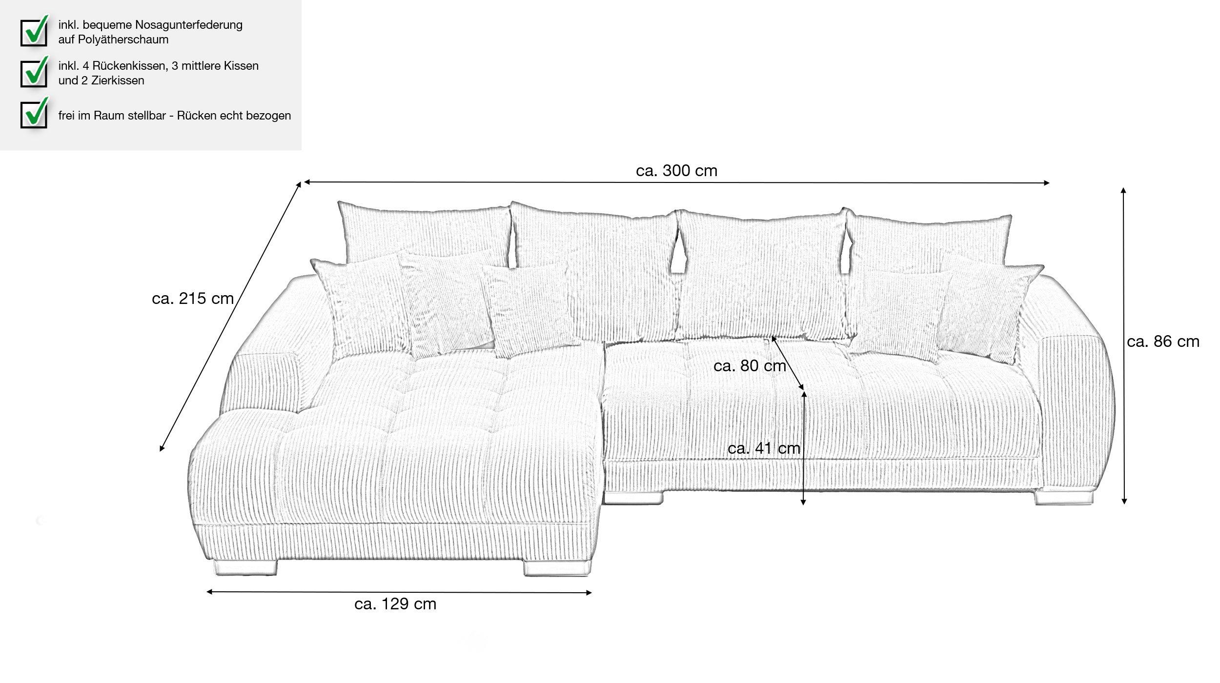 Ecksofa Cord grün 300 x 215 cm - OT links - ARTEMIS