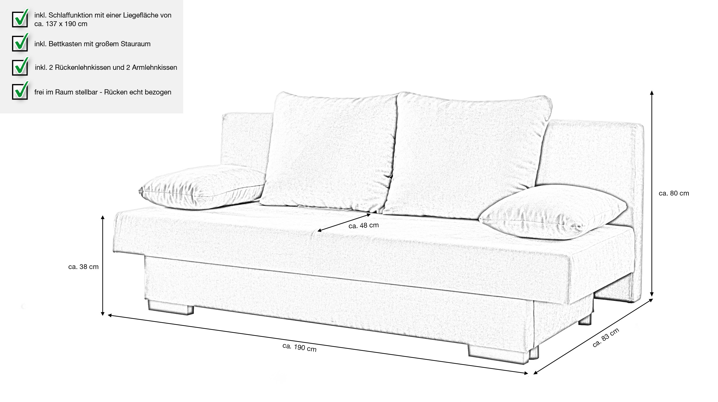 Schlafsofa anthrazit Bettkasten ausziehbar 190 cm - GRONINGEN