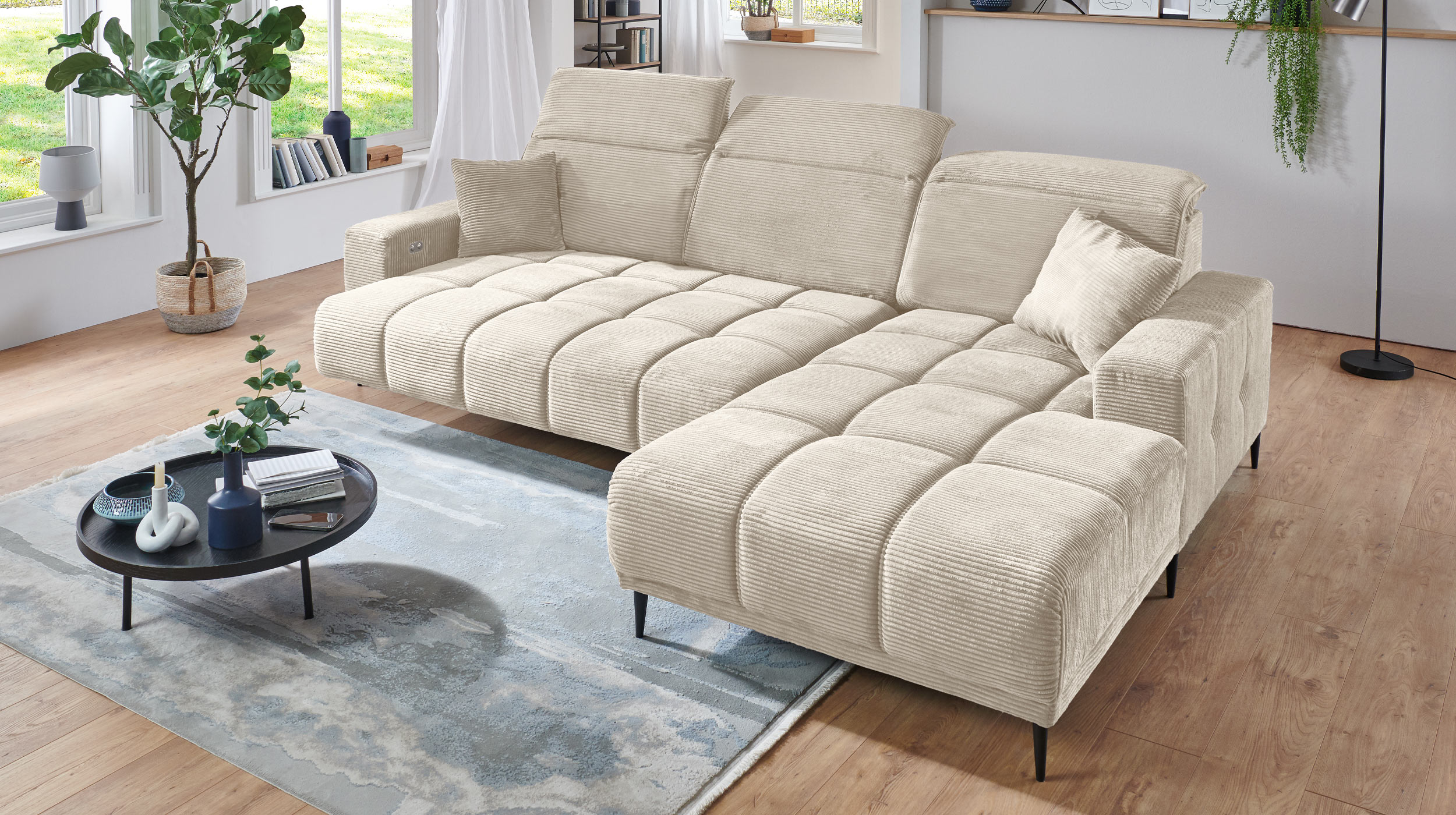 Ecksofa Cord beige ausziehbar - Sitztiefenverstellung 286 cm - OT rechts - MARISOL