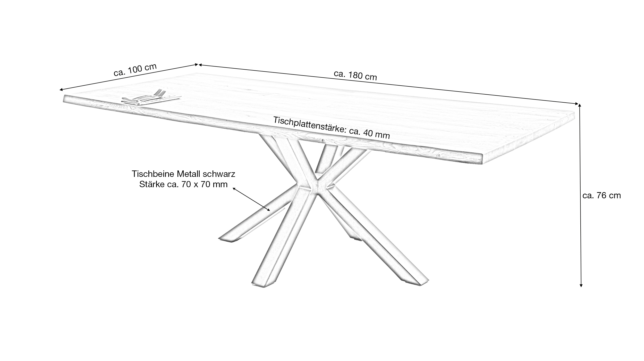 Esstisch Baumkantentisch Optik 180 cm massiv Wildeiche geölt - DAHLIA
