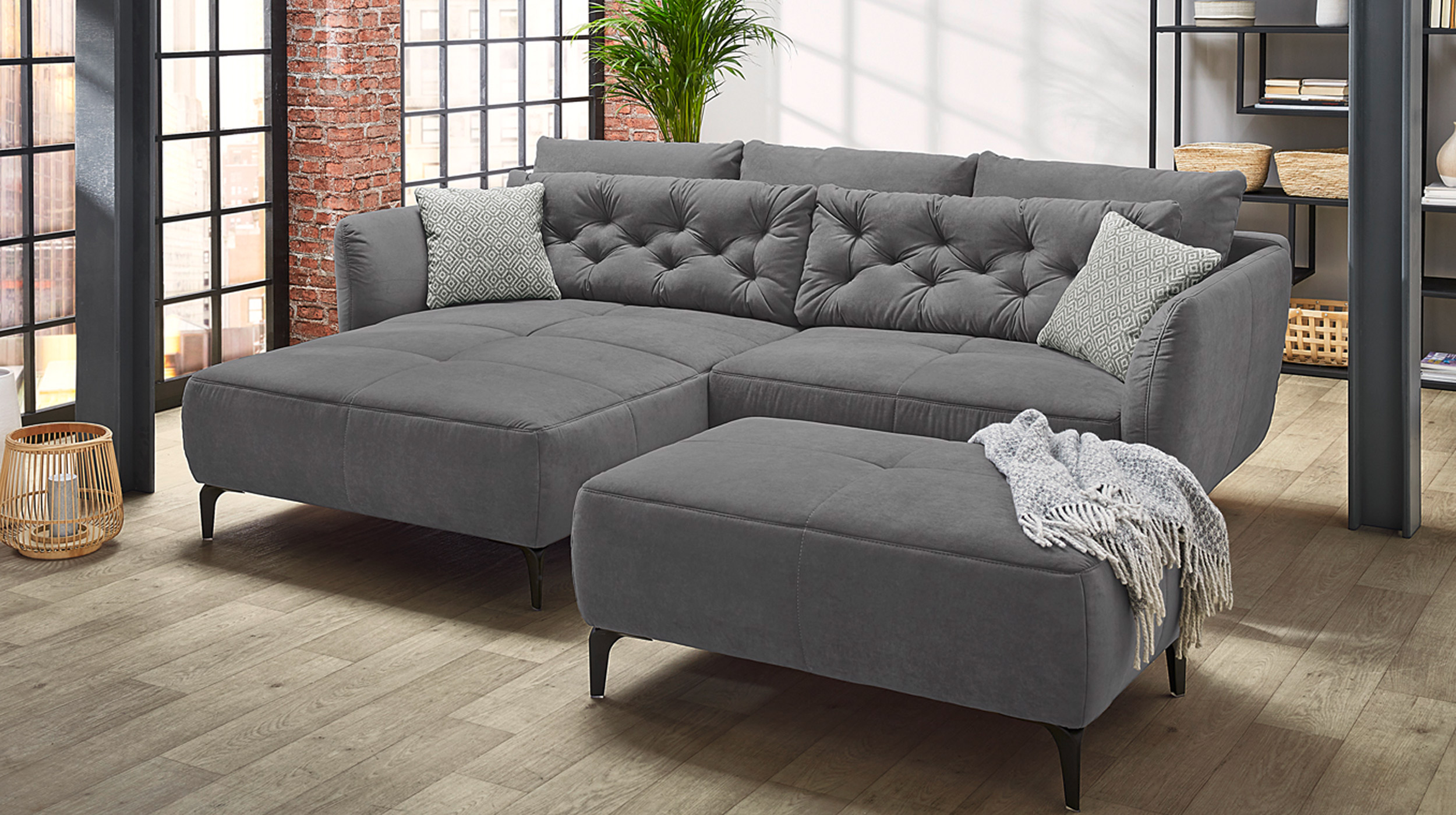Ecksofa grau Veloursbezug 251 x 186 cm - SALO