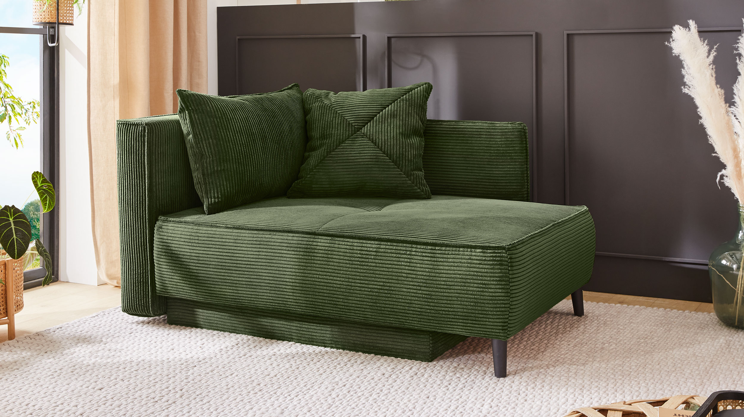 Einzelsofa Cord grün 155 cm Recamiere mit Schlaffunktion - REX
