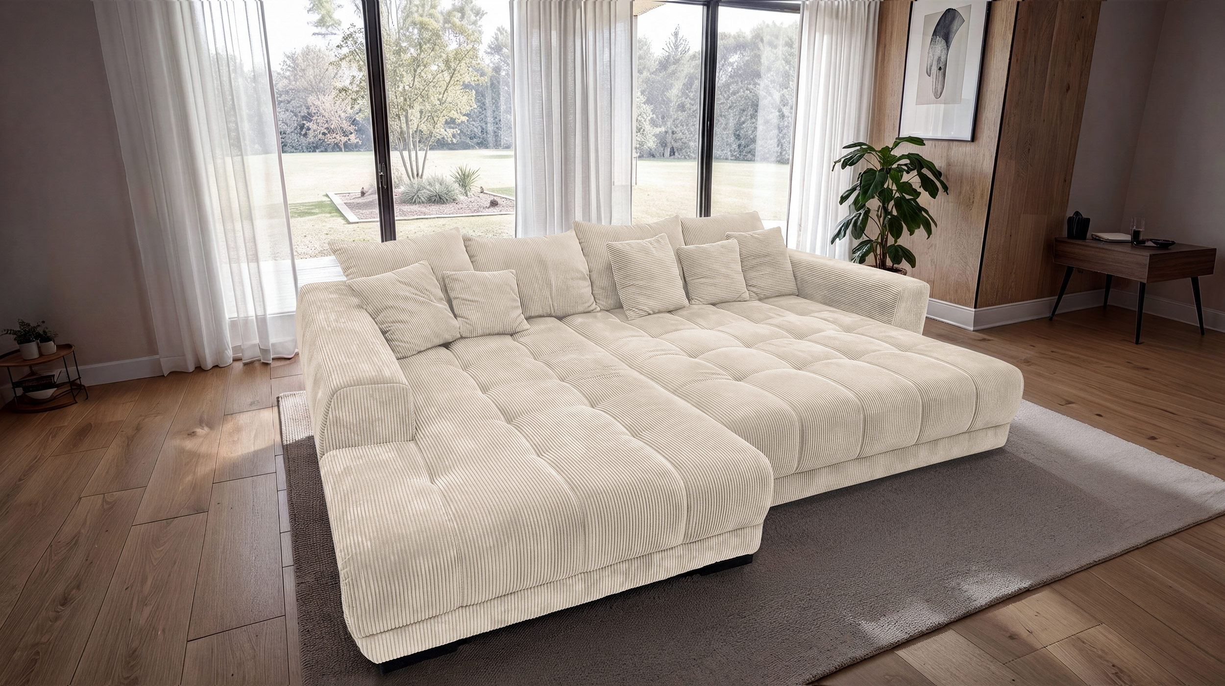 Ecksofa Cord beige elektrisch ausfahrbar 300 cm - OT links - ARTEMIS