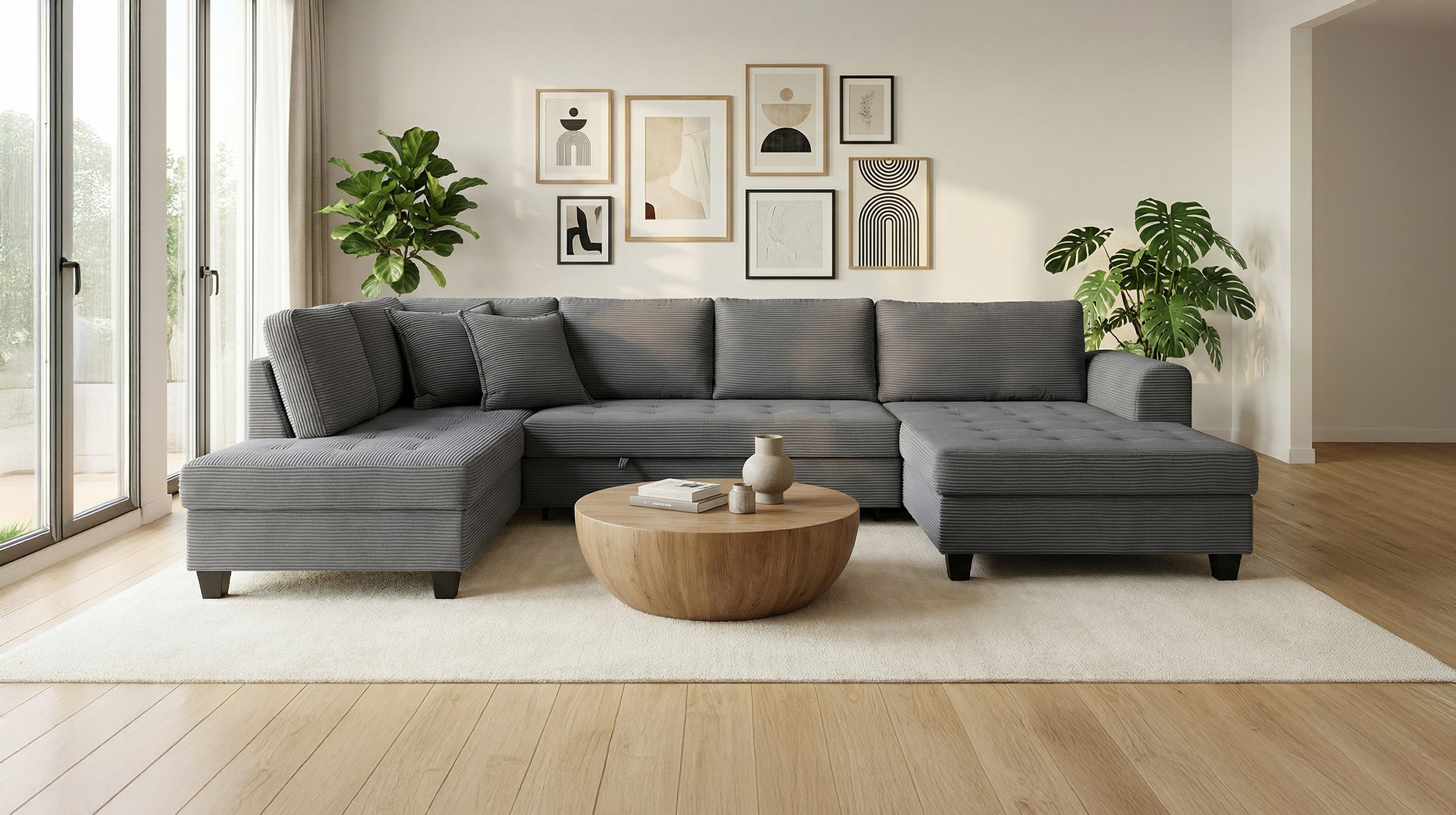 Wohnlandschaft Schlaffunktion Cord grau Bettkasten 324 cm - MANDALIA