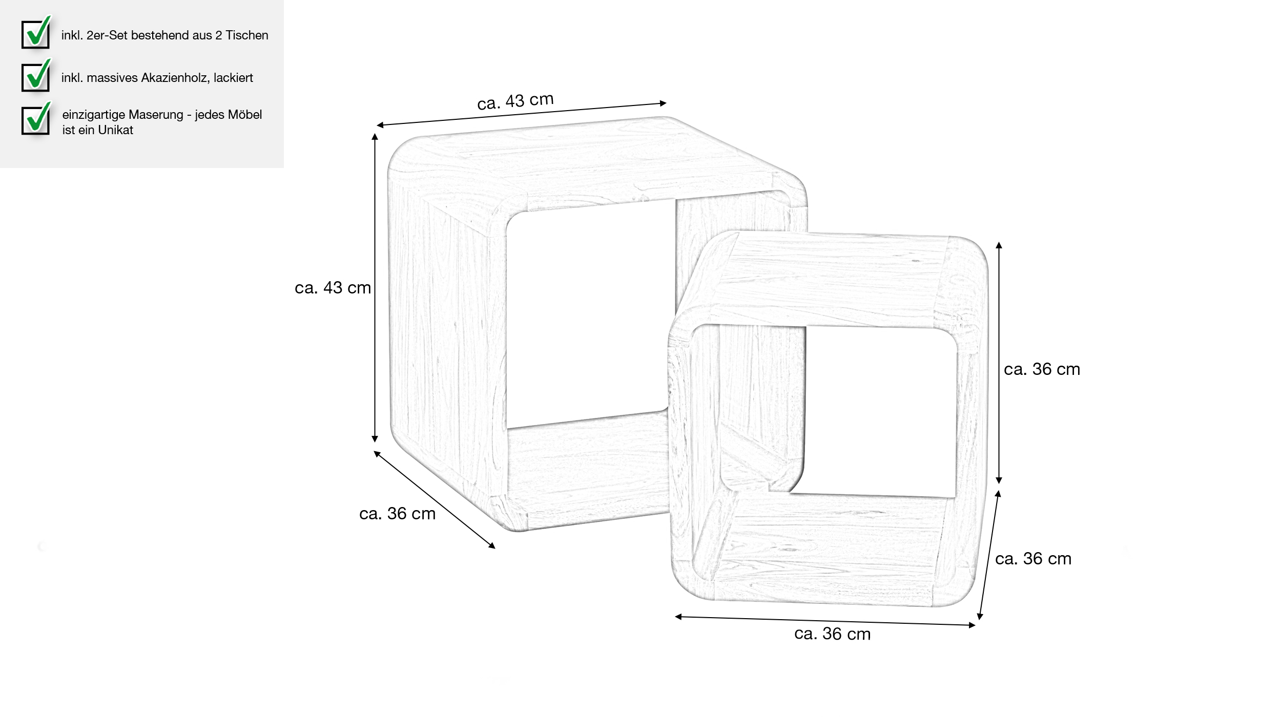 Couchtisch 2er-Set Akazie lackiert massiv 43 x 36 cm - BINA