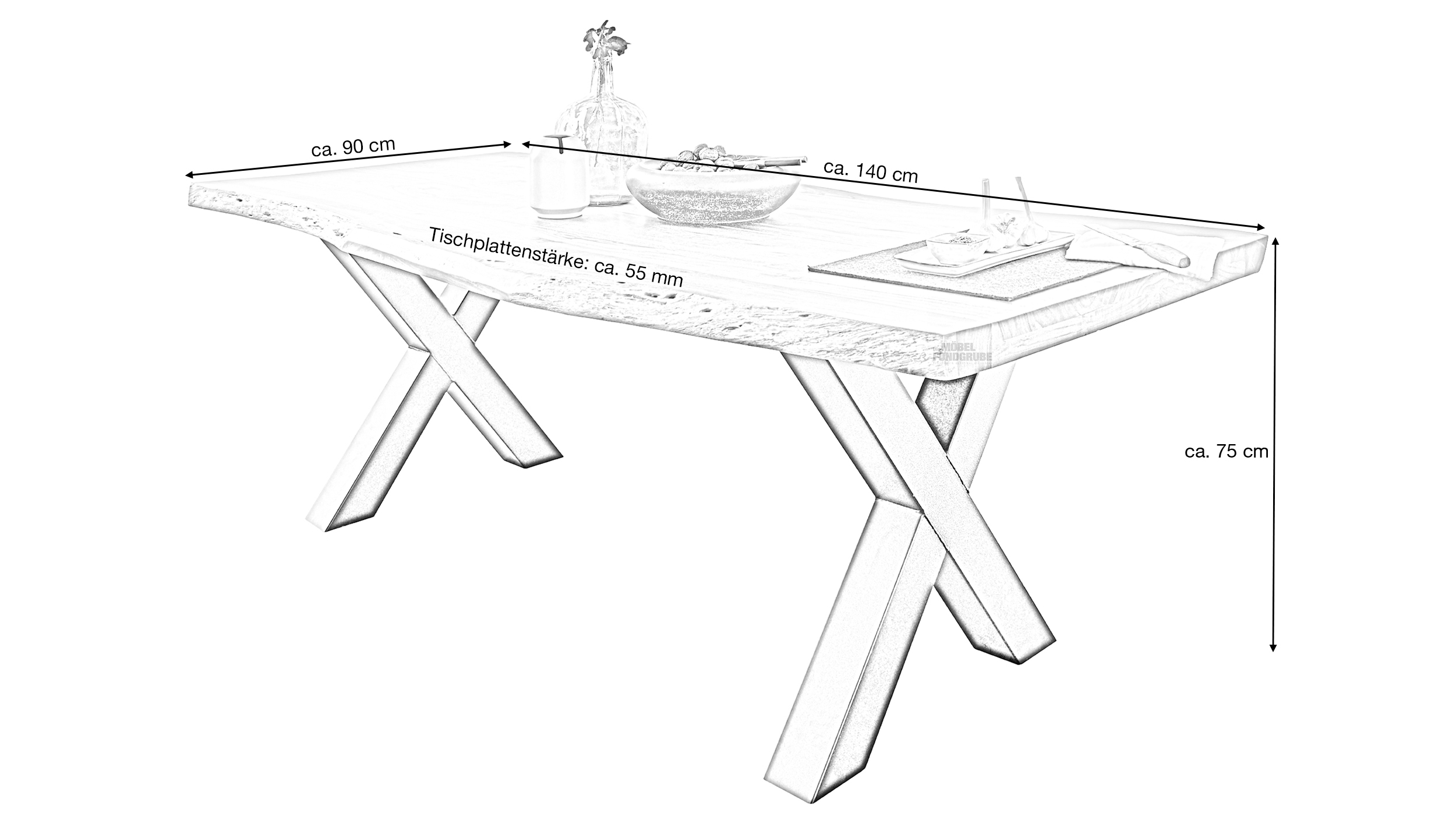 Esstisch Baumkantentisch 140 cm massiv Akazie - TOMASO