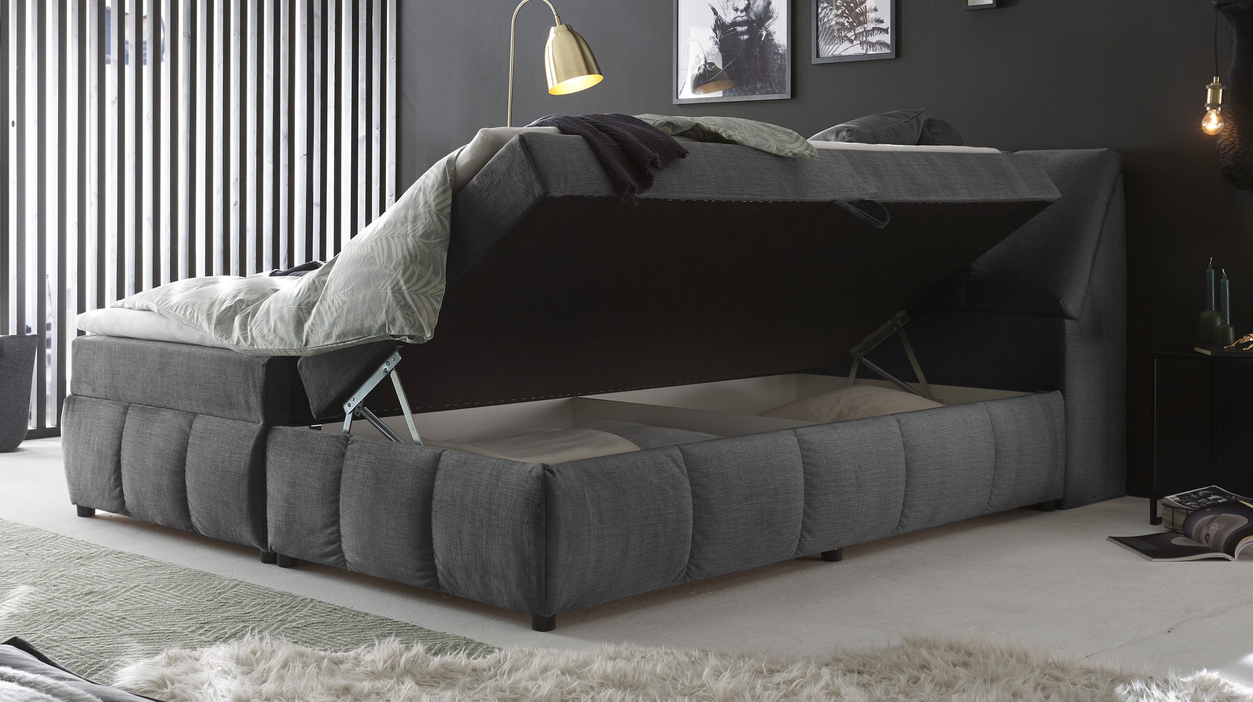 Boxbett 160 x 200 cm grau Stoffbezug Bettkasten - MADRID