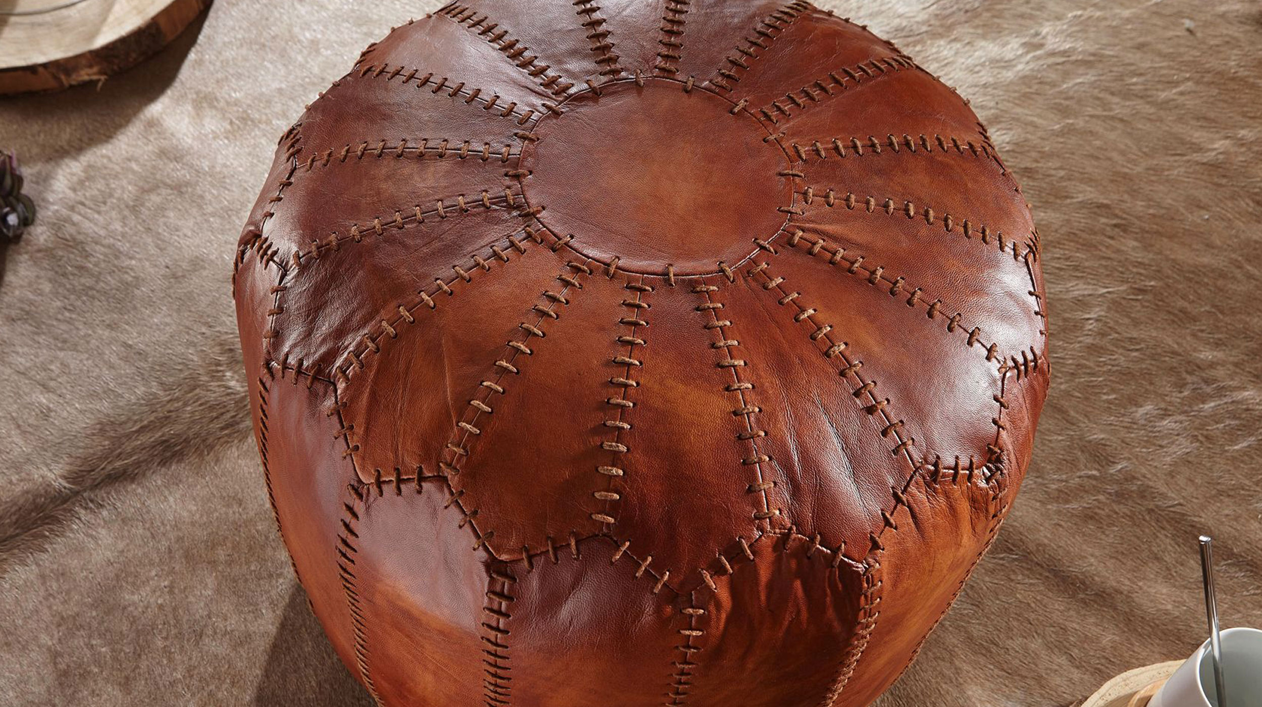 Sitz- & Fußhocker rund Echtleder braun - VILT