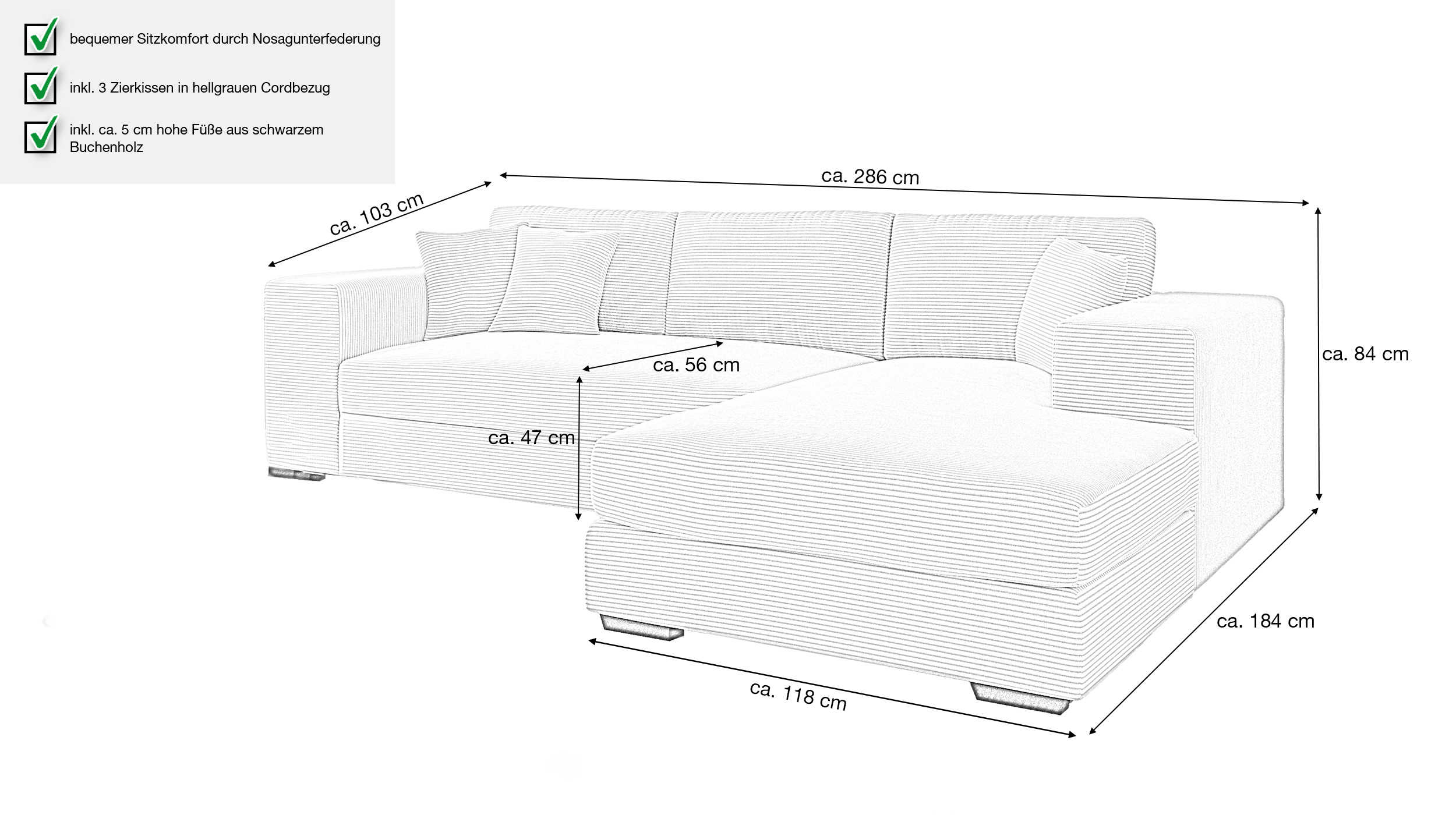 Ecksofa Cord grau 286 x 184 cm - EDEN