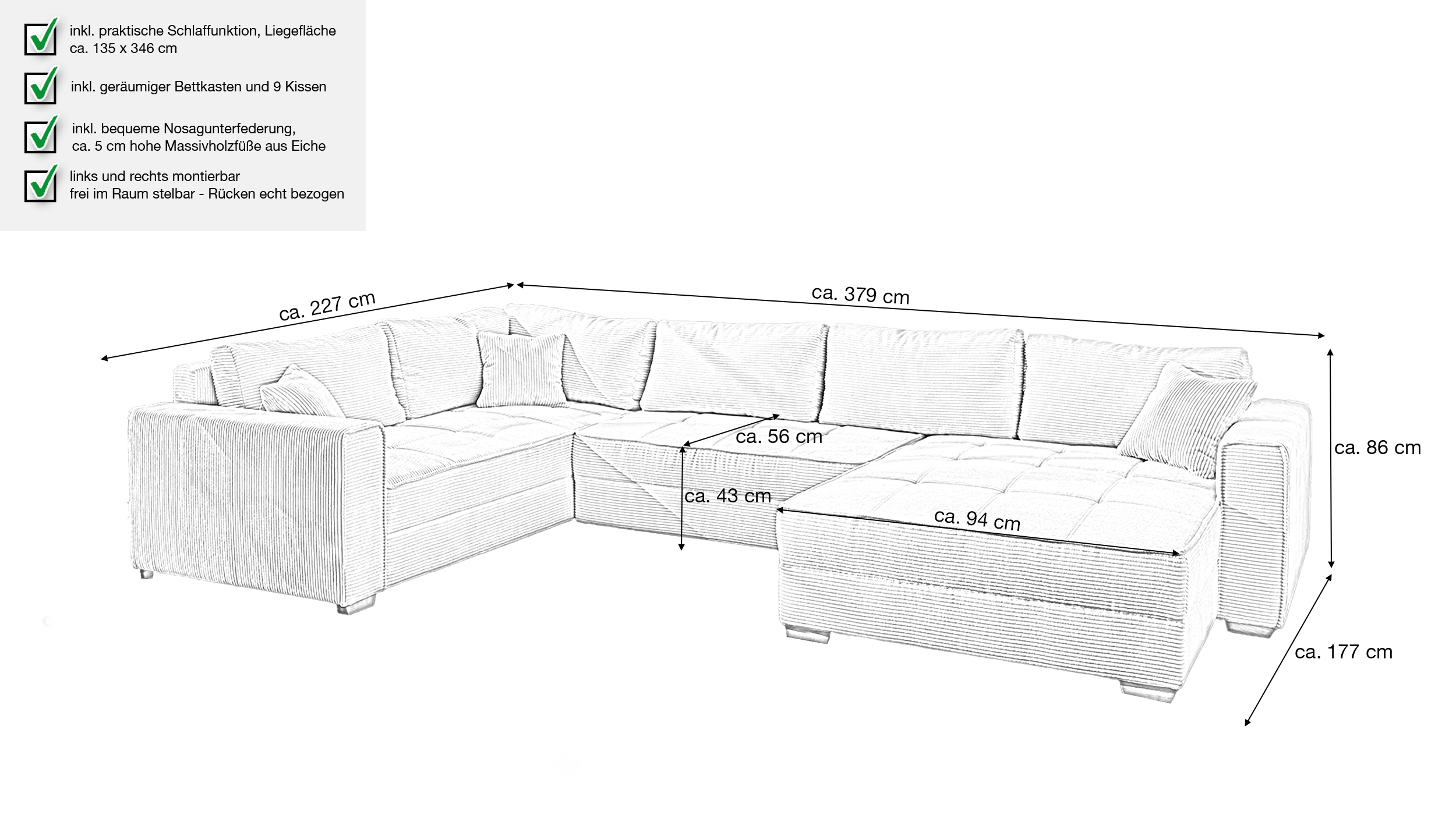 Wohnlandschaft Schlaffunktion Cord grau Bettkasten 379 cm - ALBA