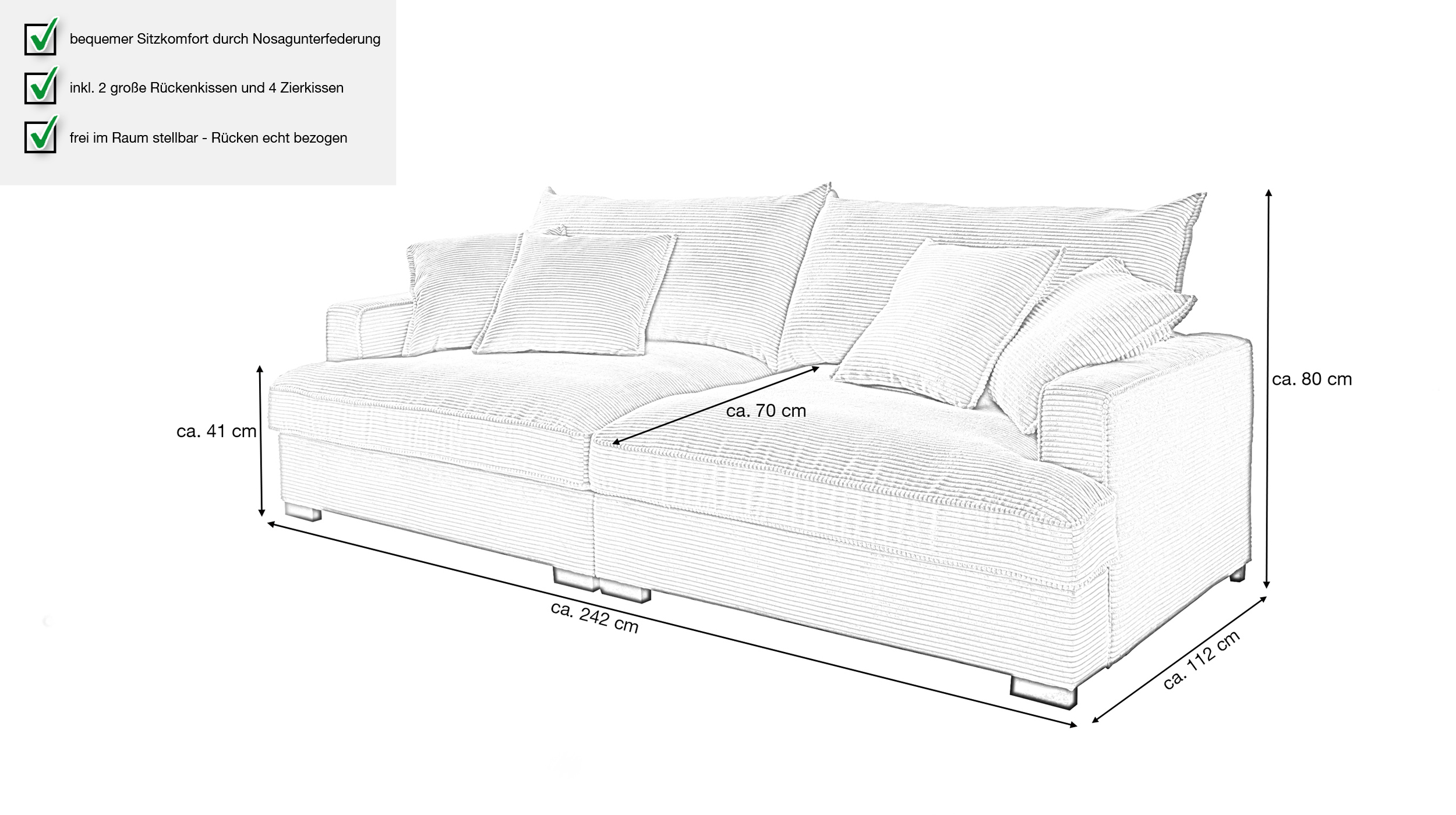 Big Sofa Cord creme - 242 cm - Nosagunterfederung - TRIBECCA 