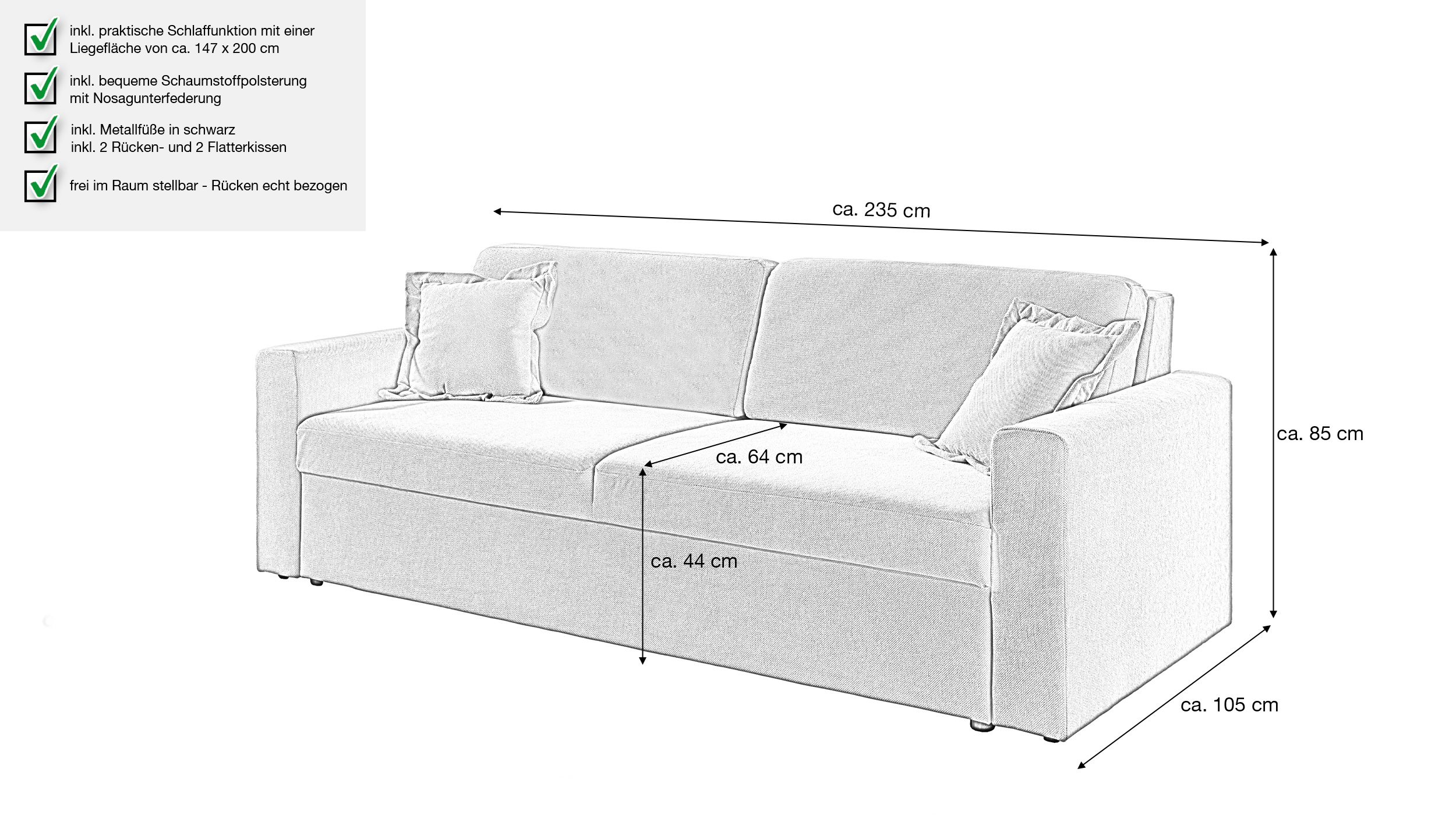 Schlafsofa grau ausziehbar 2-Sitzer 235 cm - BOXER