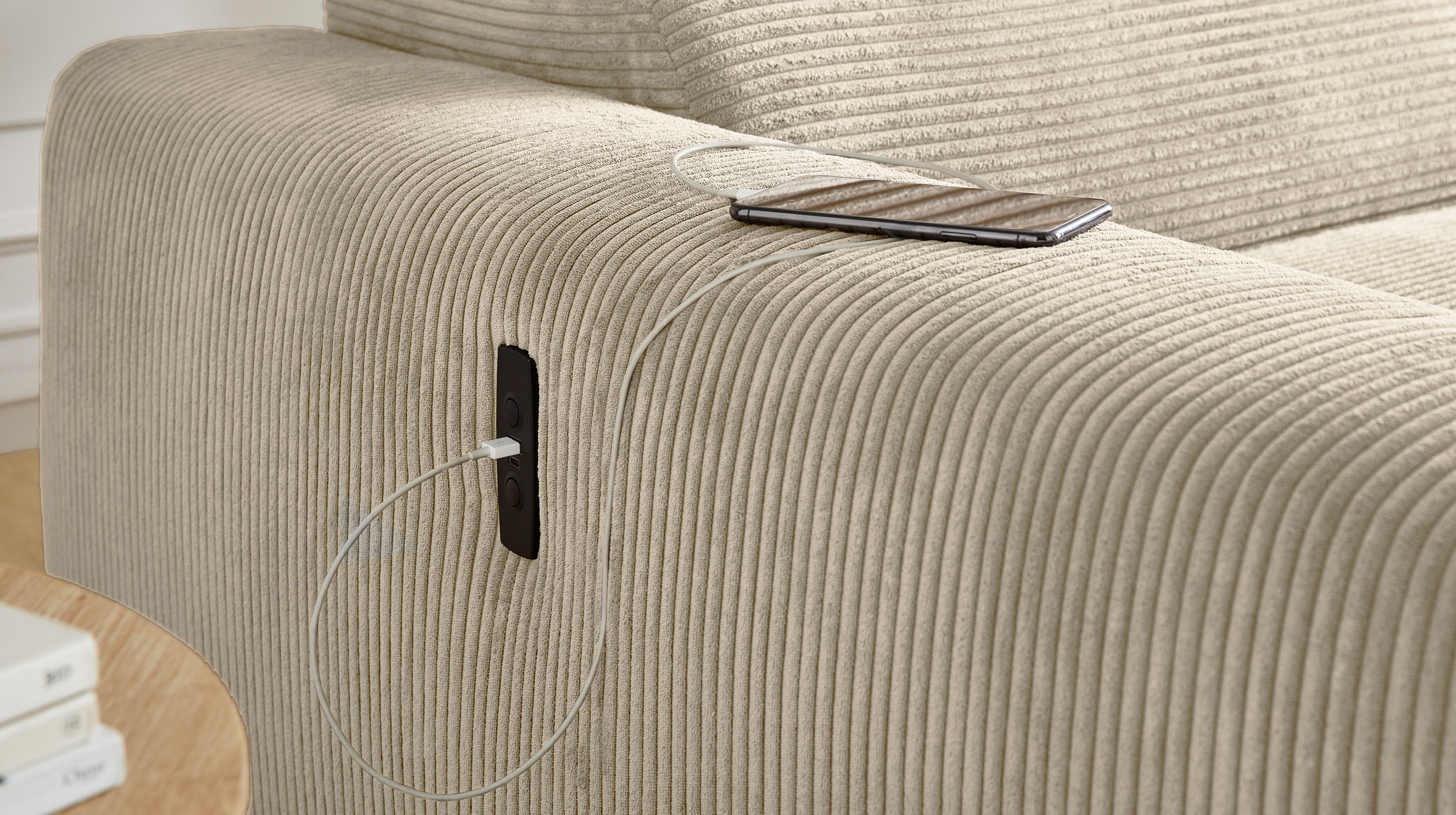 Ecksofa Cord grau-beige 277 x 187 cm mit Relaxfunktion - SLIDER