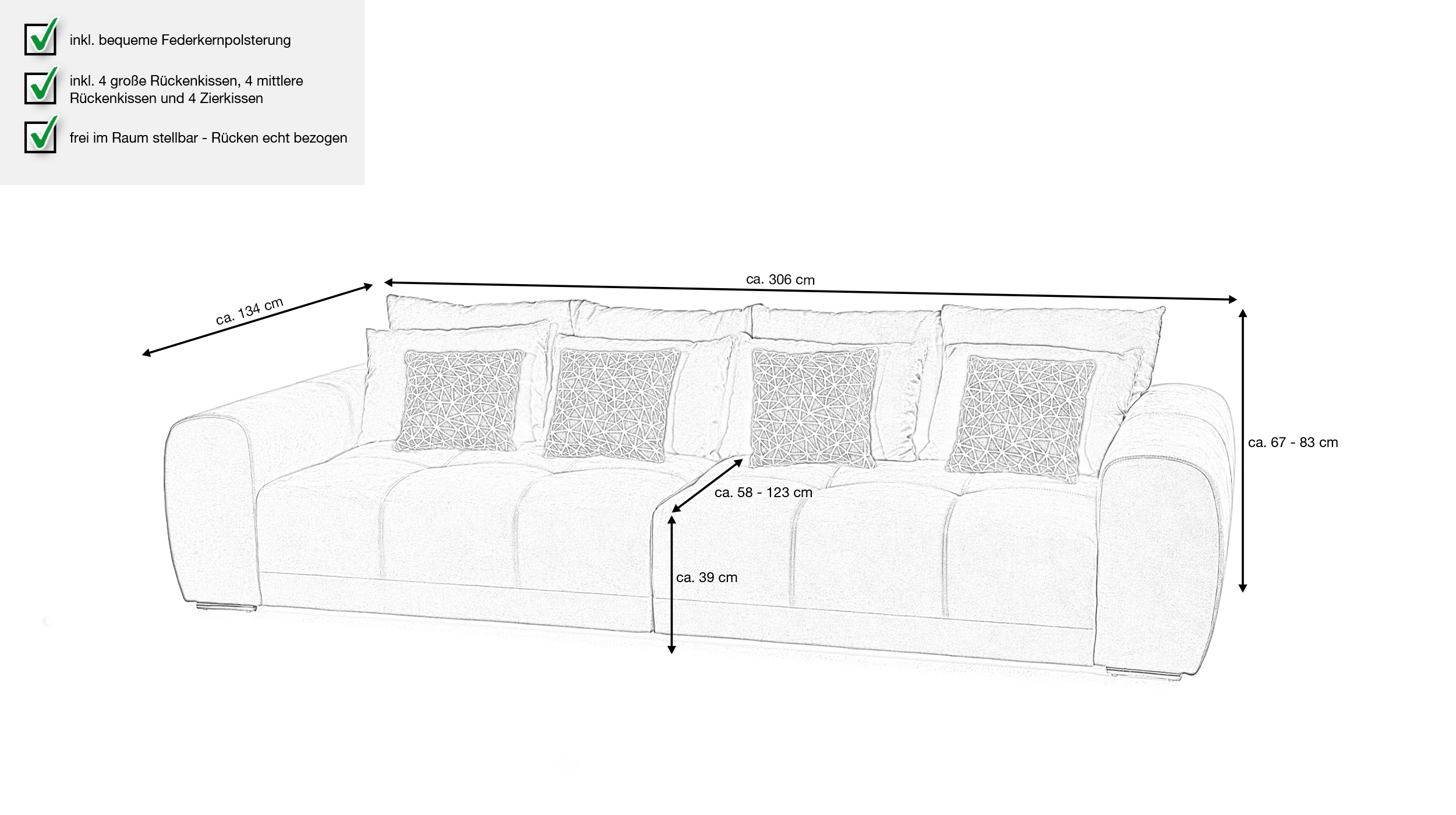 Big Sofa mit Federkern braun 306 x 134 cm - MOLDAU