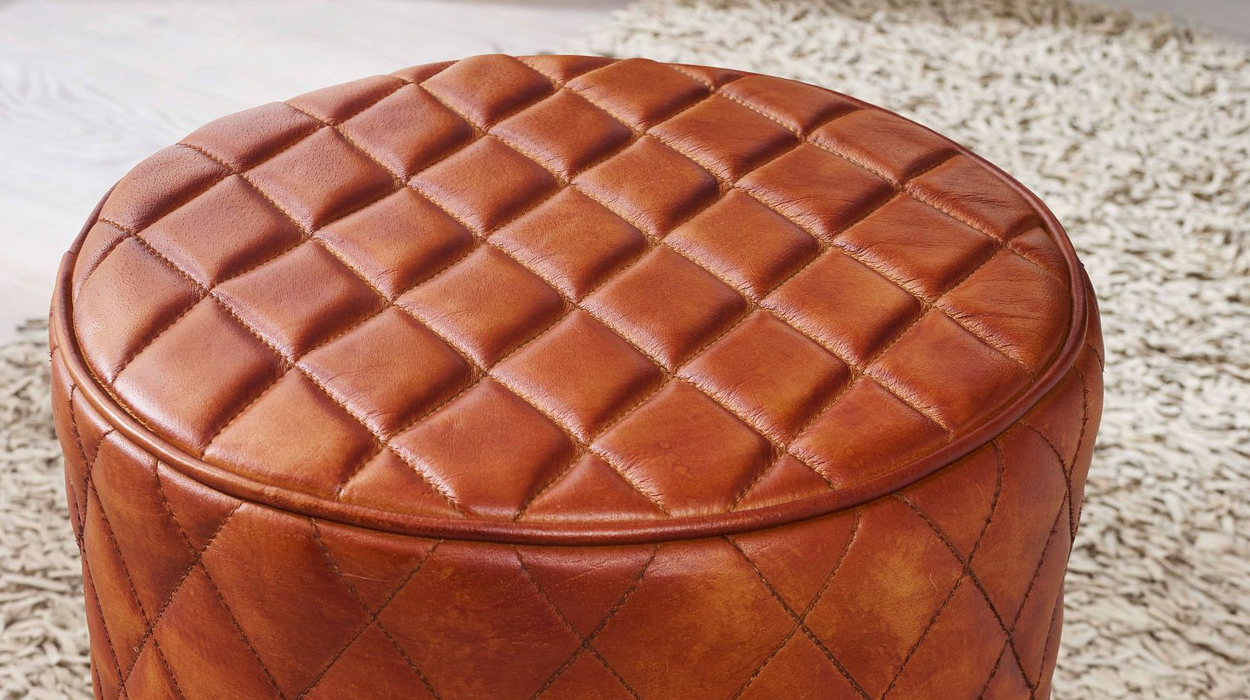 Sitz- & Fußhocker rund Echtleder braun - Mango massiv - RIST