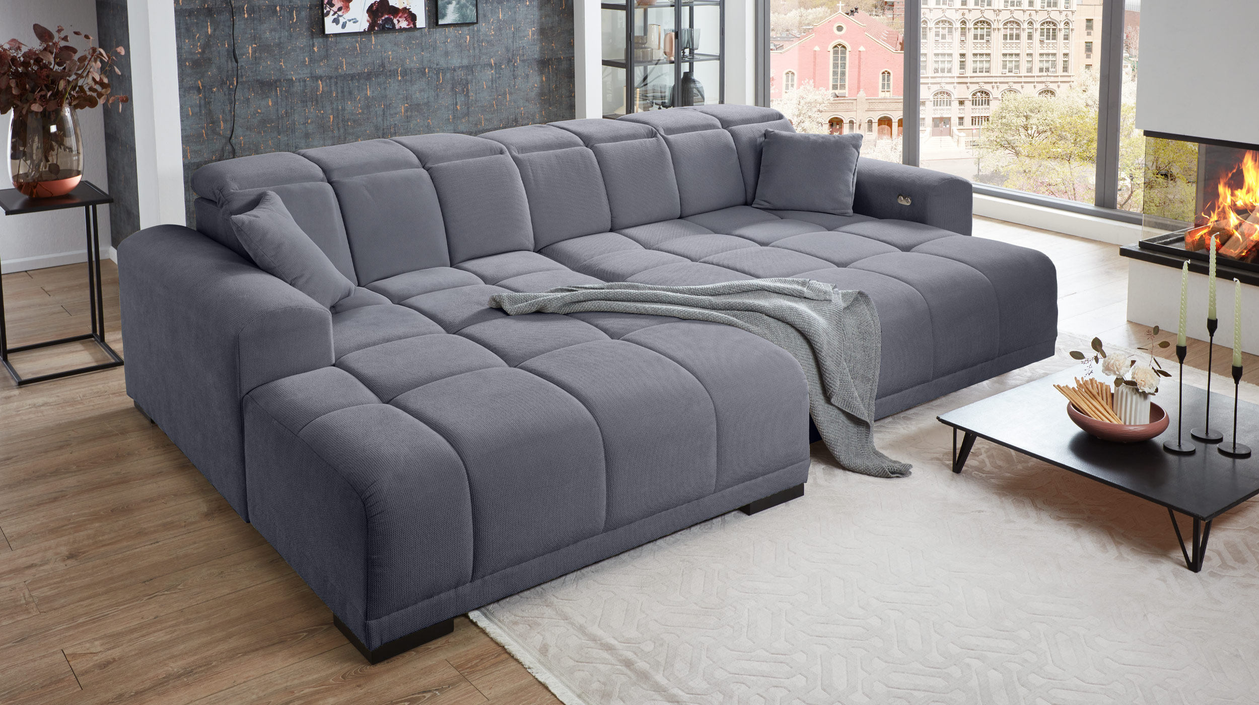 Ecksofa grau 301 x 195 cm - Sitztiefenverstellung - MASTER