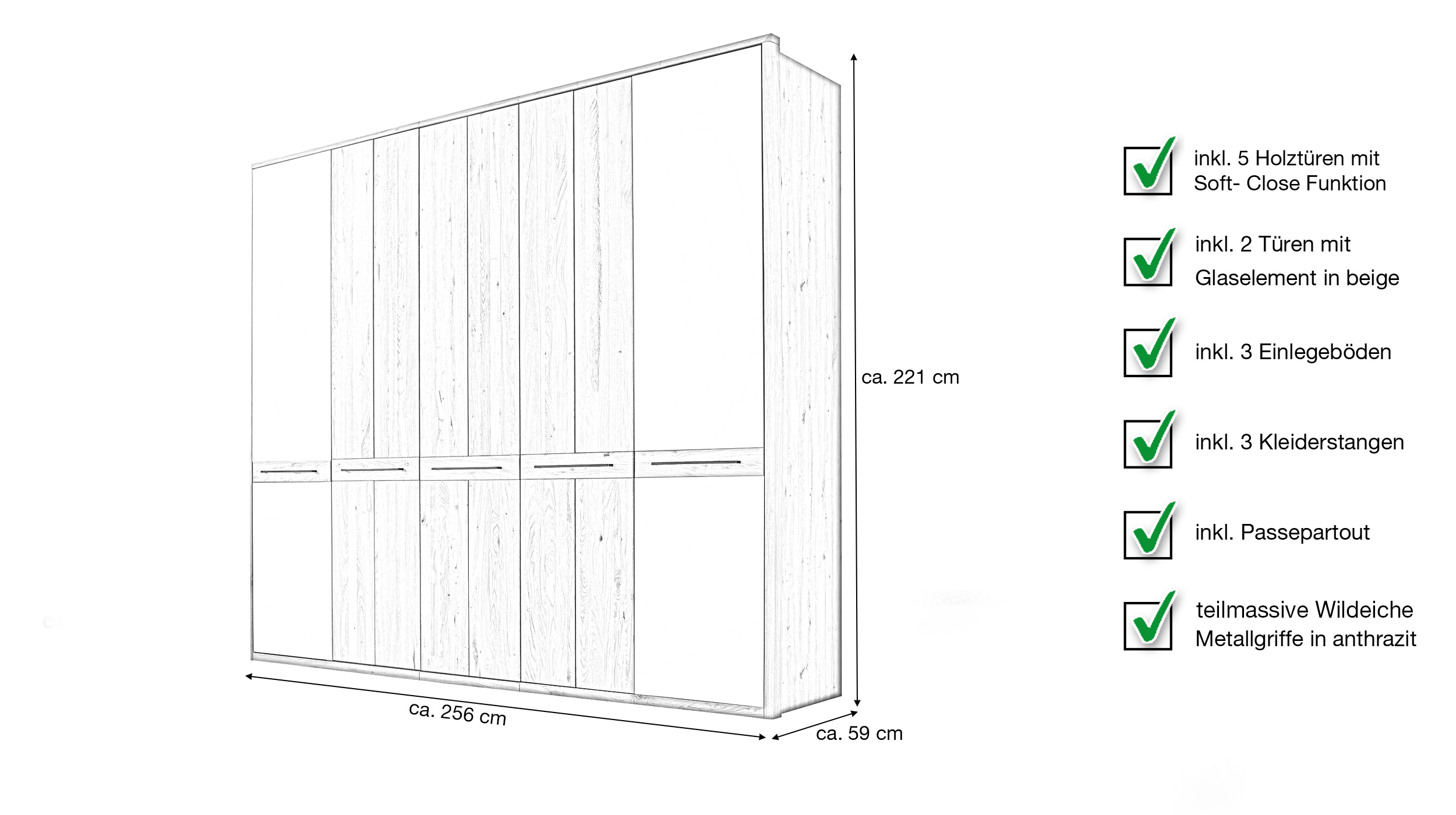 Kleiderschrank 256 cm Wildeiche geölt teilmassiv 5-türig - VEGARD