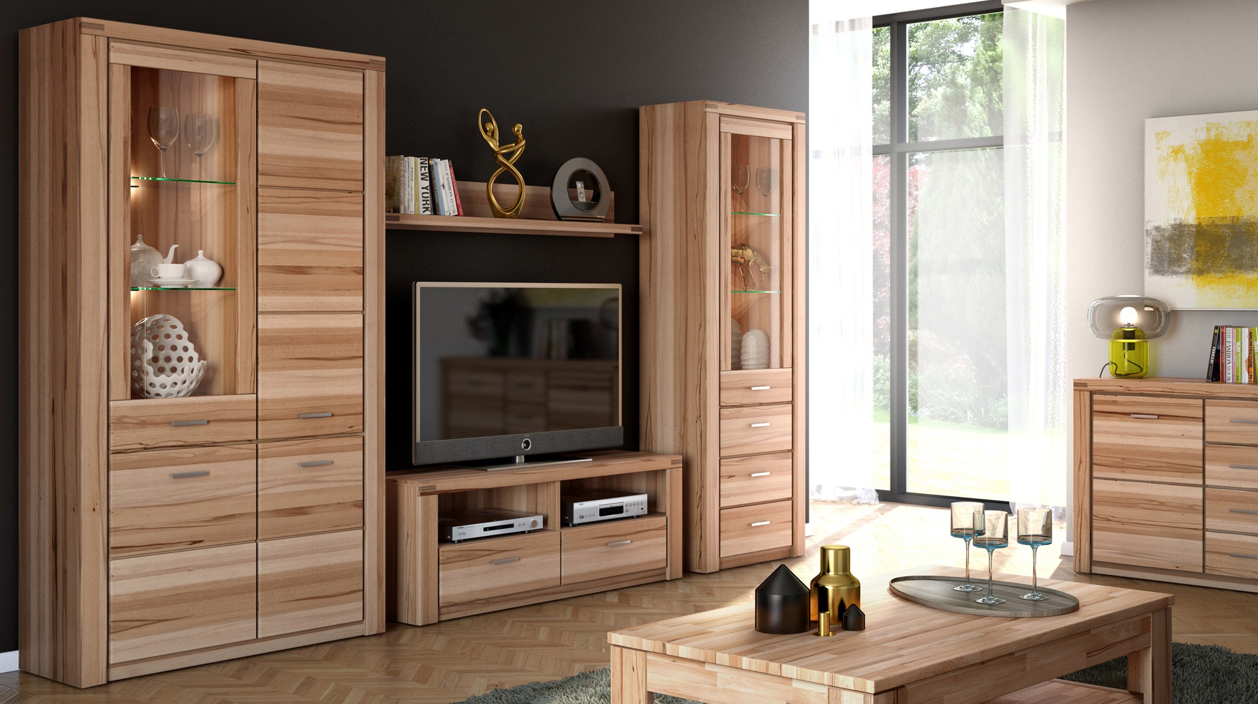 Vitrine mit Glastür Kernbuche teilmassiv geölt Breite 108 cm - FREYJA