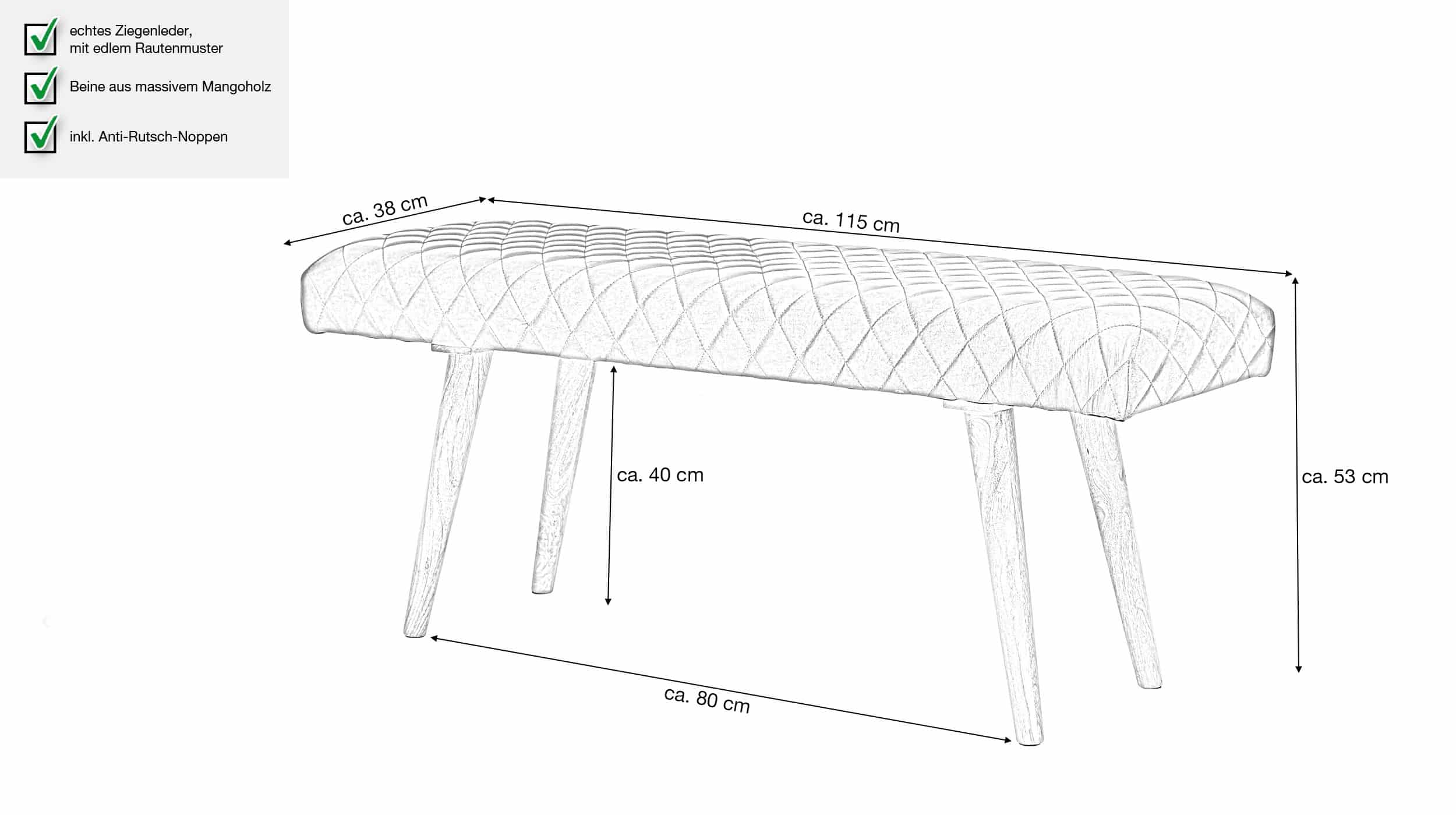 Sitzbank 115 cm echtes Leder braun Mango massiv - RIST 