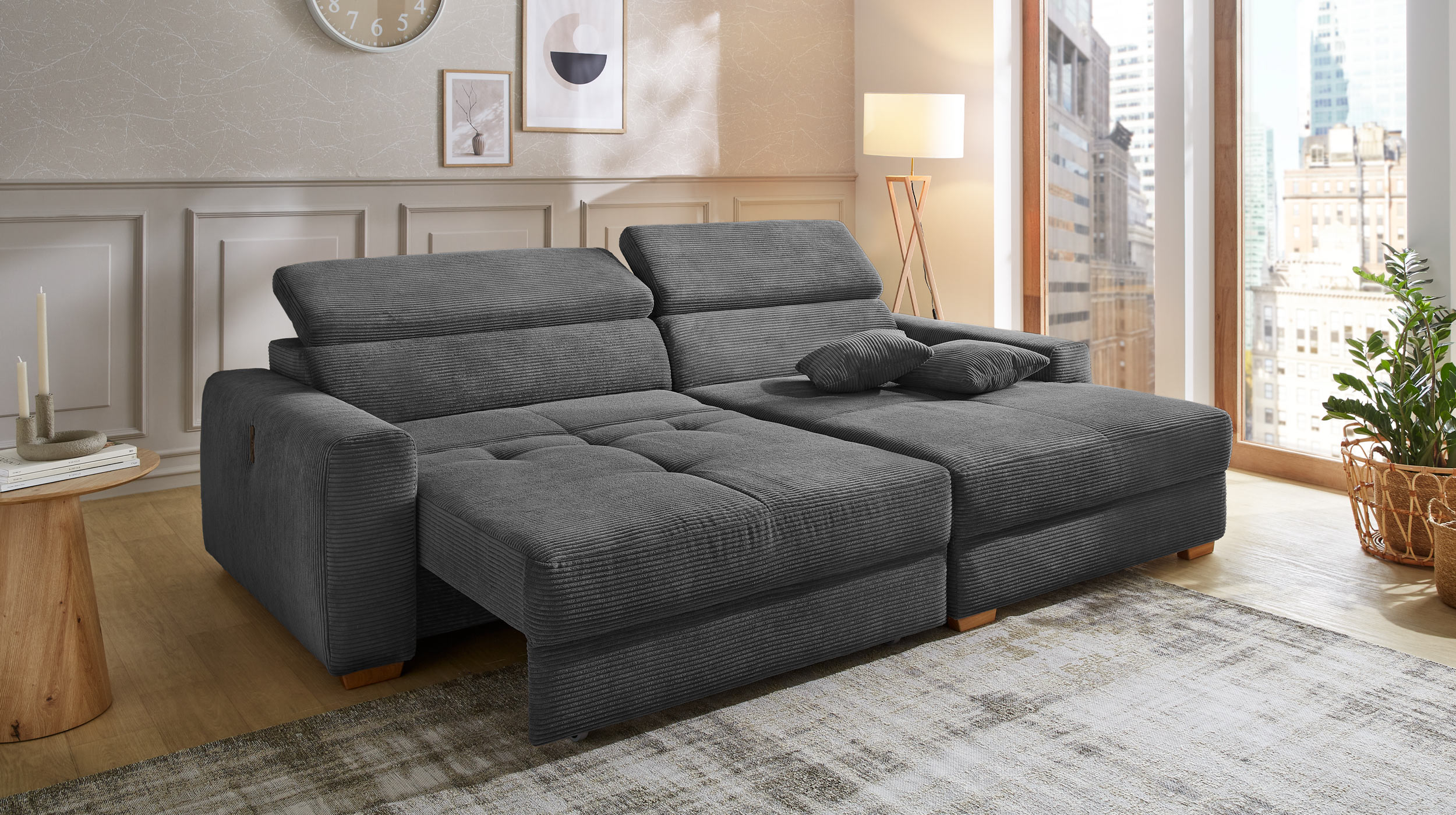 Ecksofa Cord grau 277 x 187 cm mit Relaxfunktion - SLIDER