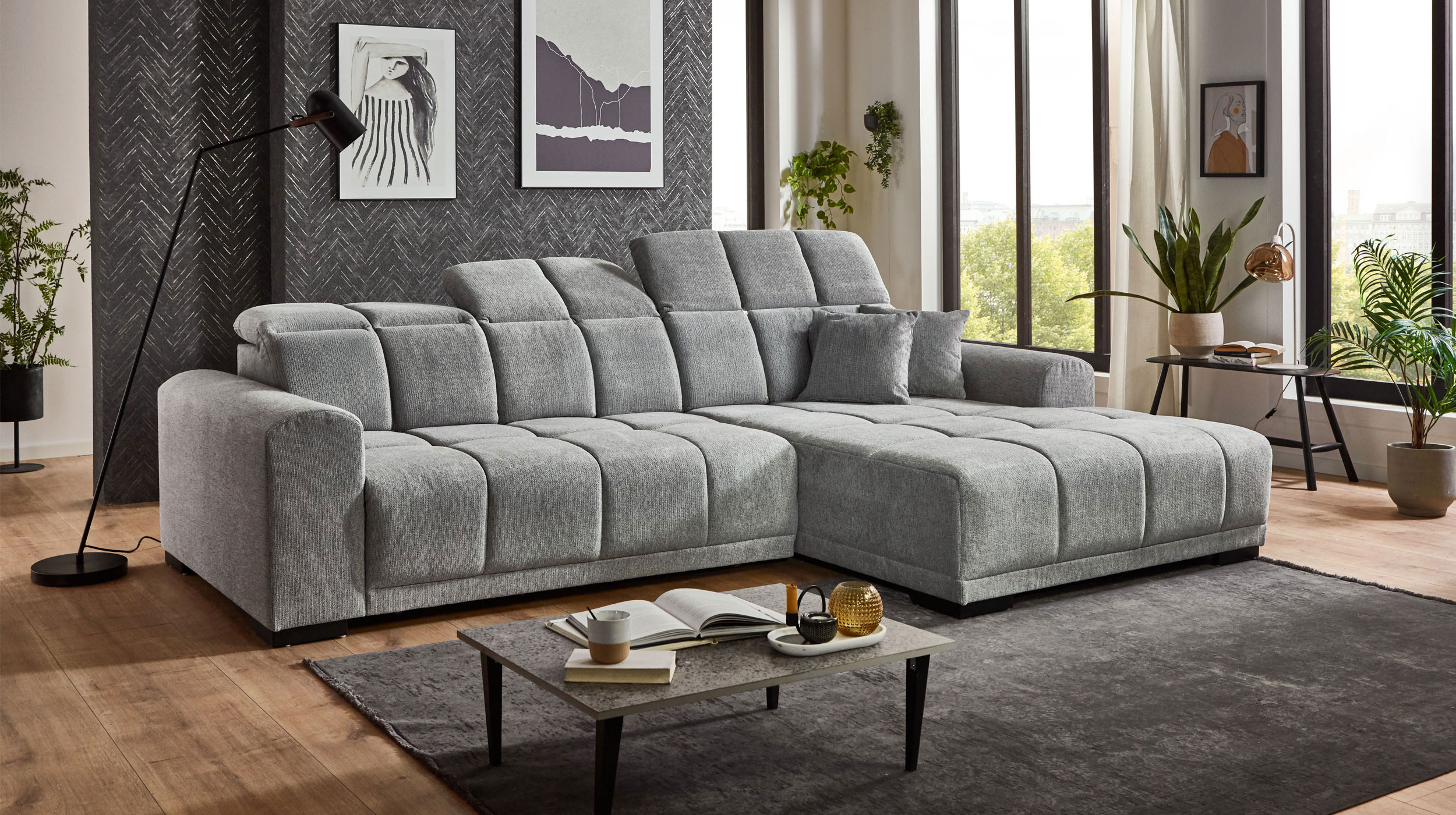 Ecksofa grau elektrisch ausfahrbar 301 x 195 cm - OT rechts - MASTER