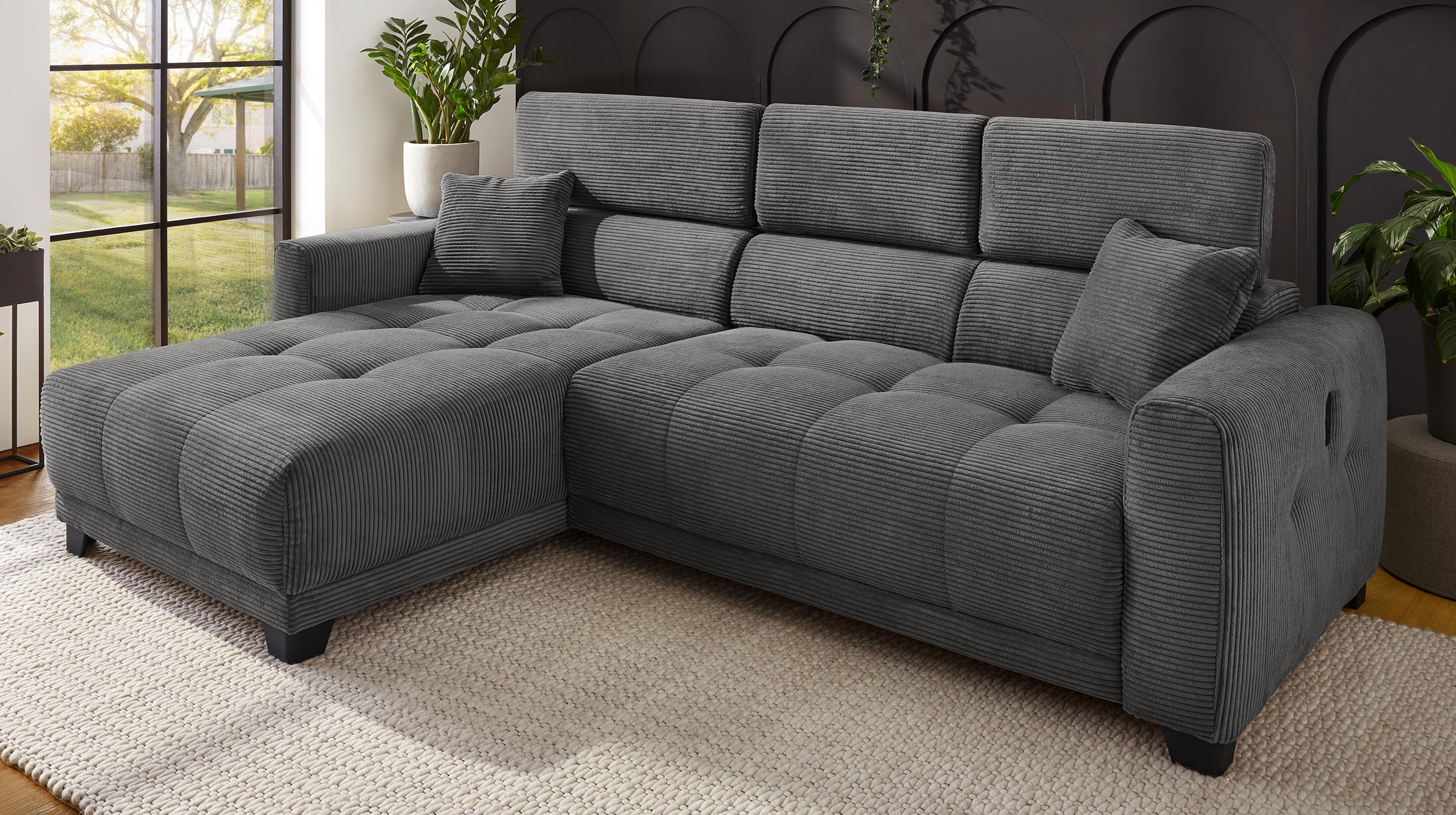 Ecksofa Cord grau 263 cm elektrisch ausfahrbar - CREMONA