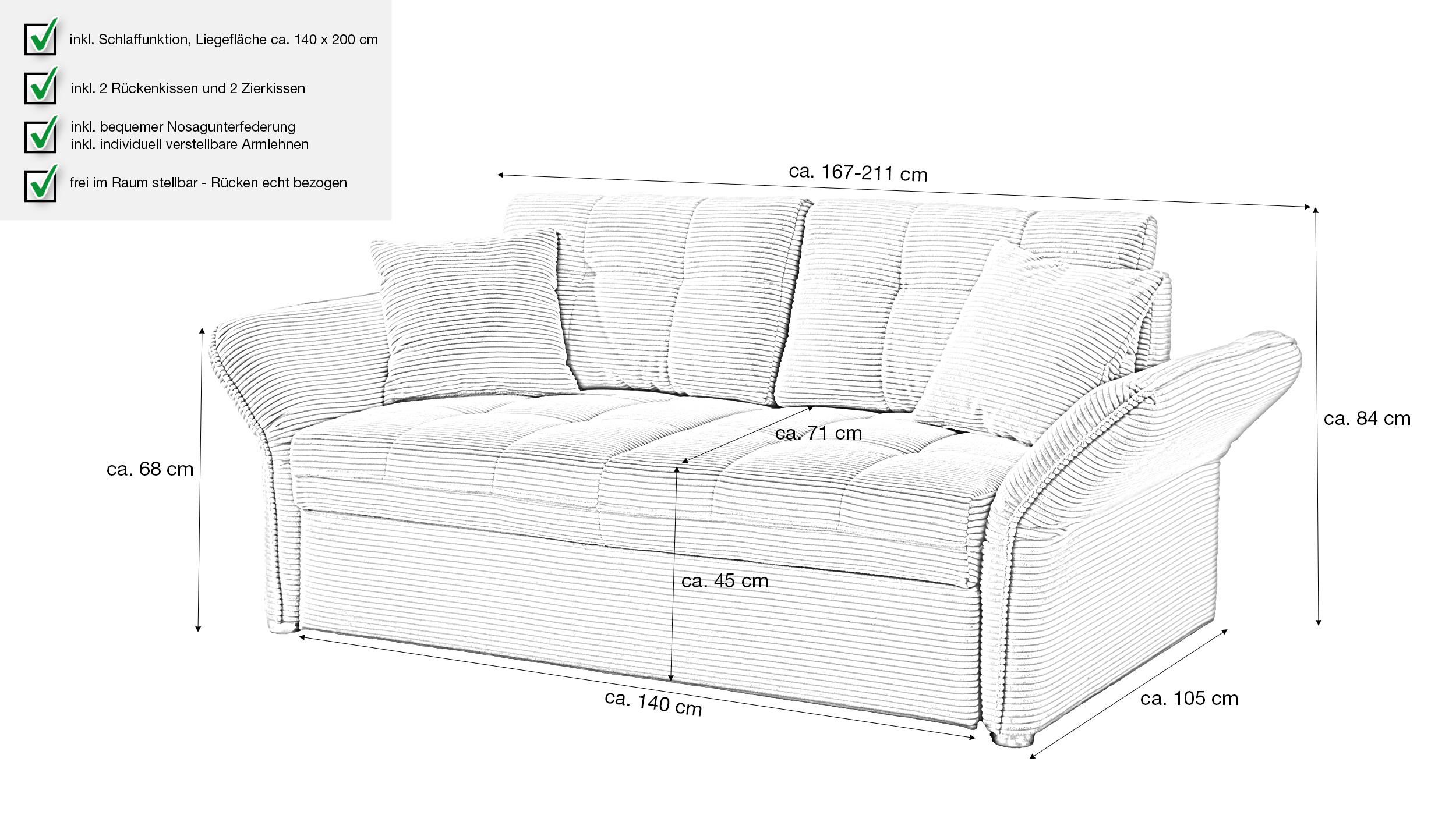Schlafsofa Cord grau-beige ausziehbar 167 x 105 cm - LEON