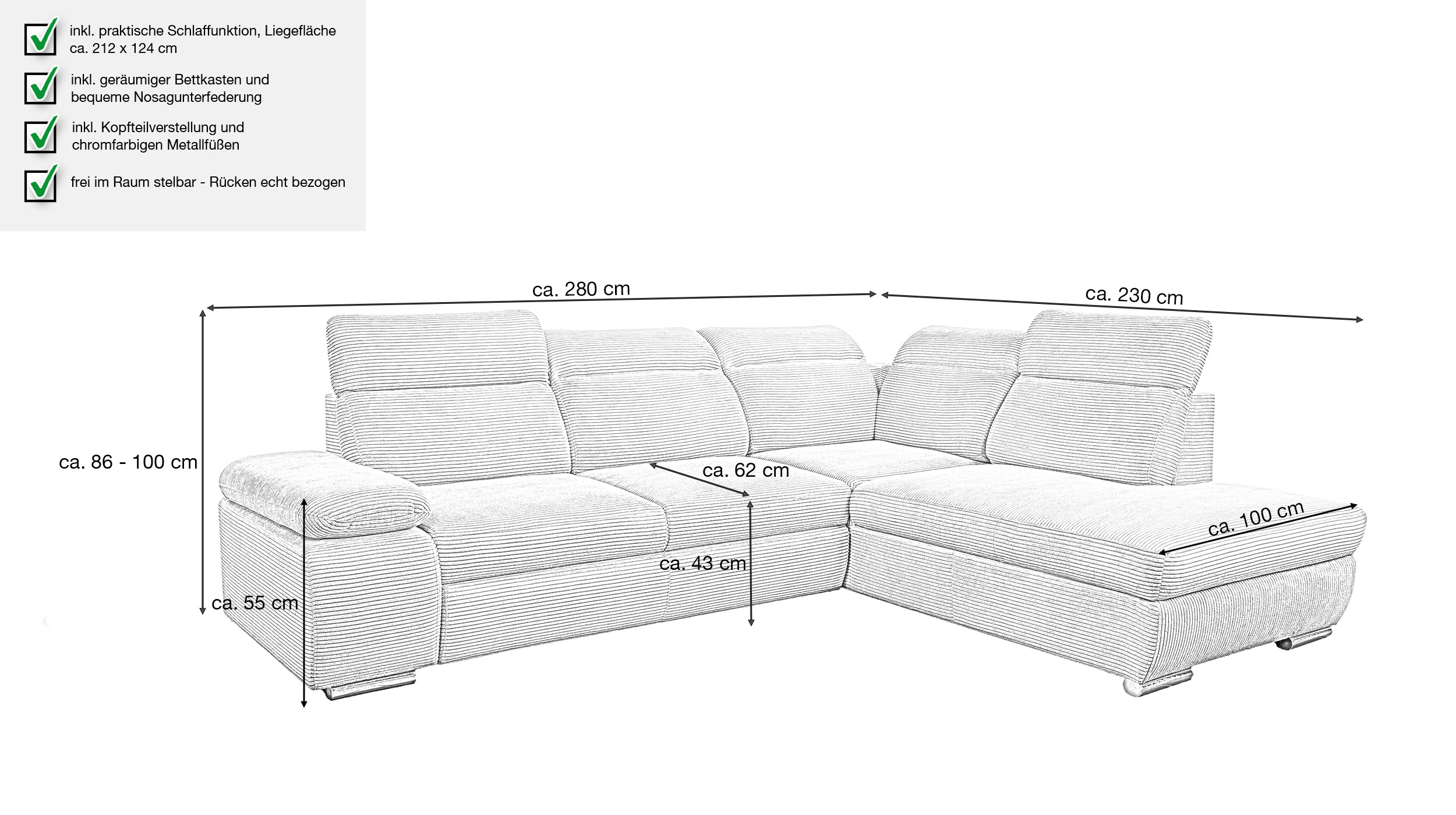 Ecksofa Cord Schlaffunktion creme - Bettkasten 280 cm - COLORADO