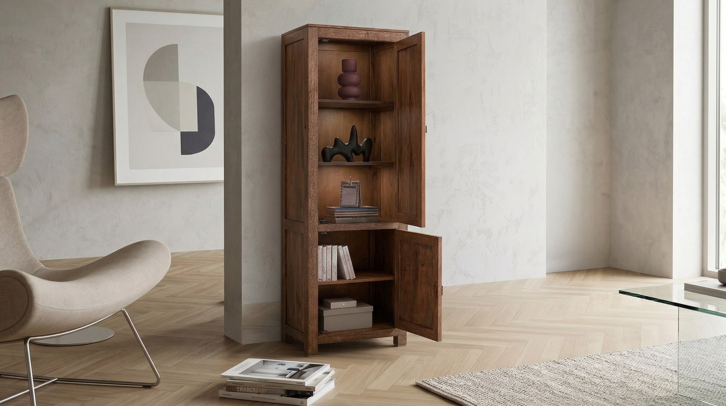 Vitrine Mango massiv gebeizt - montiert Breite 65 cm - MANGALA