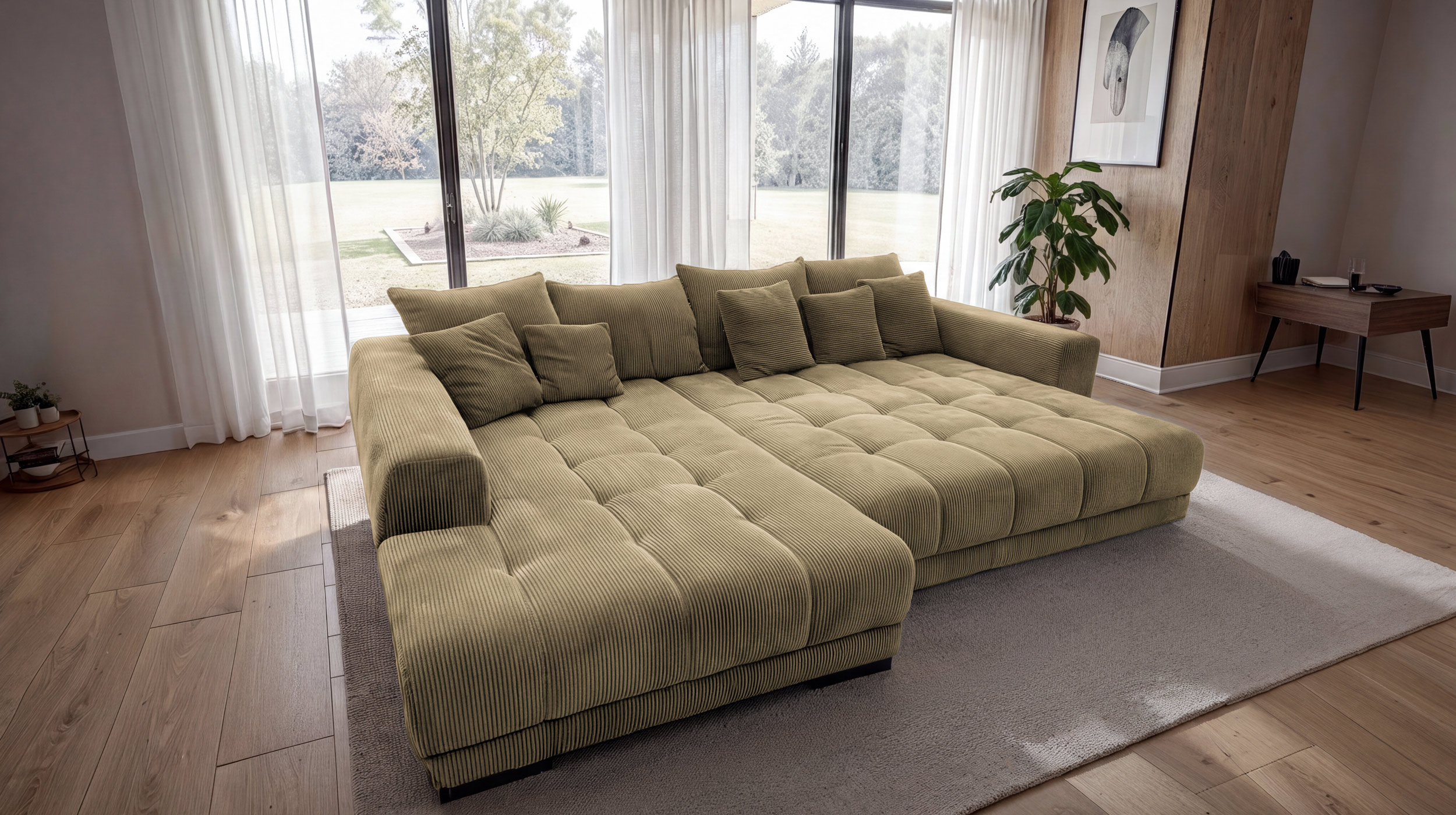 Ecksofa Cord grün elektrisch ausfahrbar 300 cm - OT links - ARTEMIS