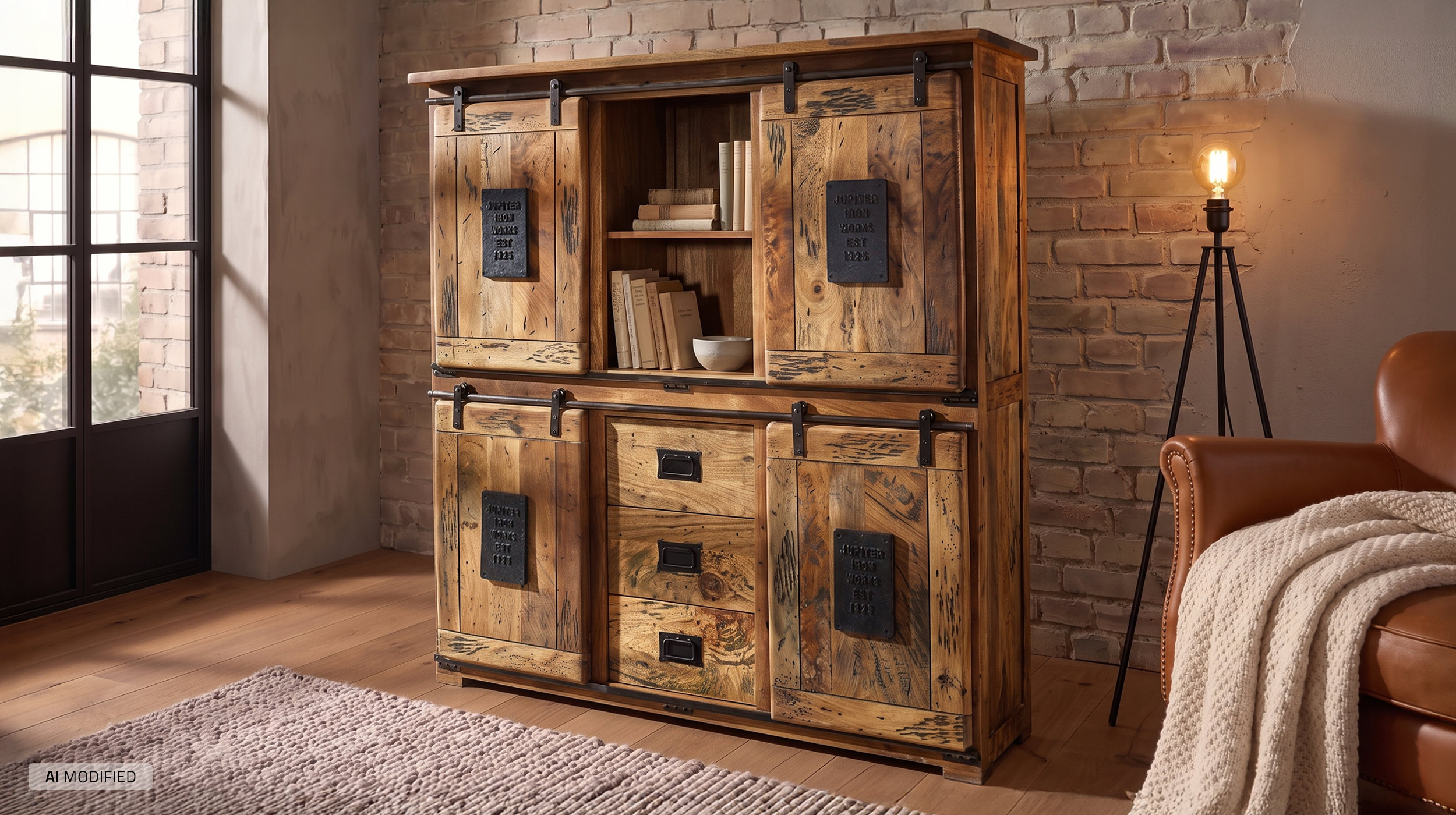 Highboard mit 4 Rolltüren Mango massiv 150 cm - montiert - EMANUEL