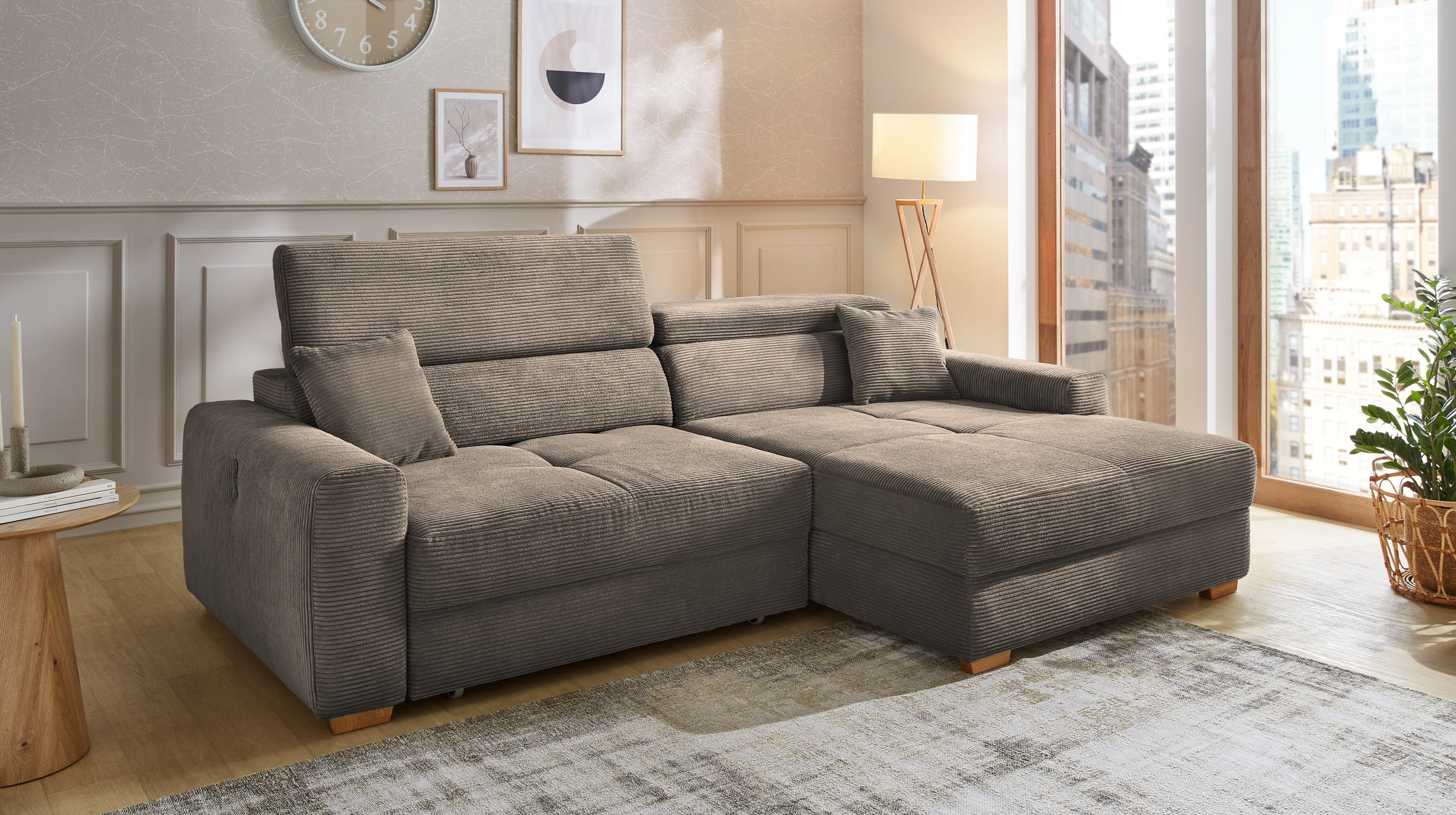 Ecksofa Cord taupe 277 x 187 cm mit Relaxfunktion - SLIDER