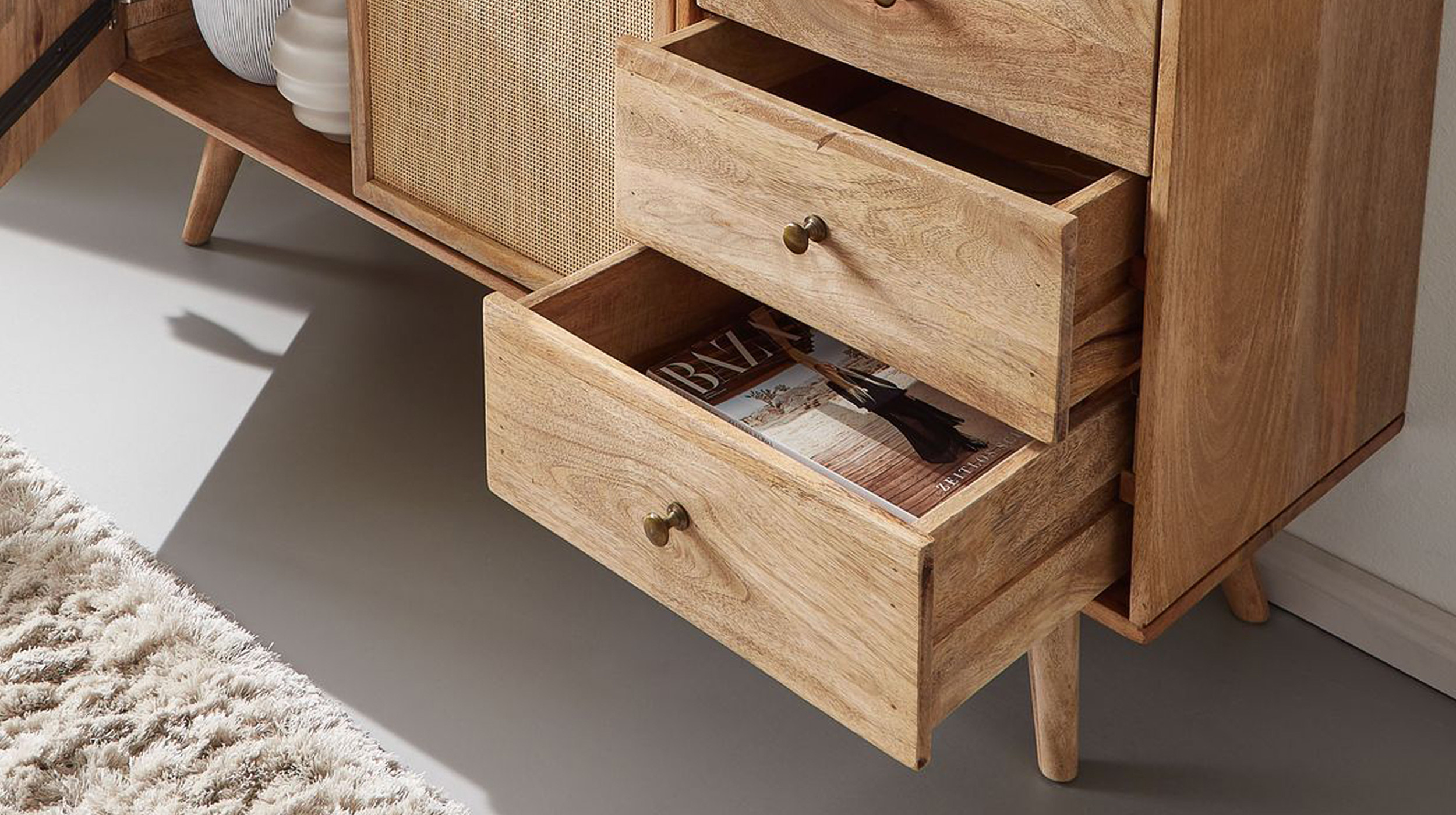 Sideboard mit 3 Schubladen Mango massiv - Rattan 140 cm - RIKARD