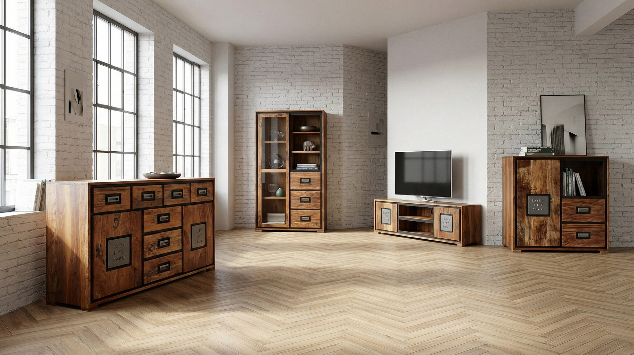 Sideboard Akazie Altholz massiv montiert - 150 cm - NARVIK