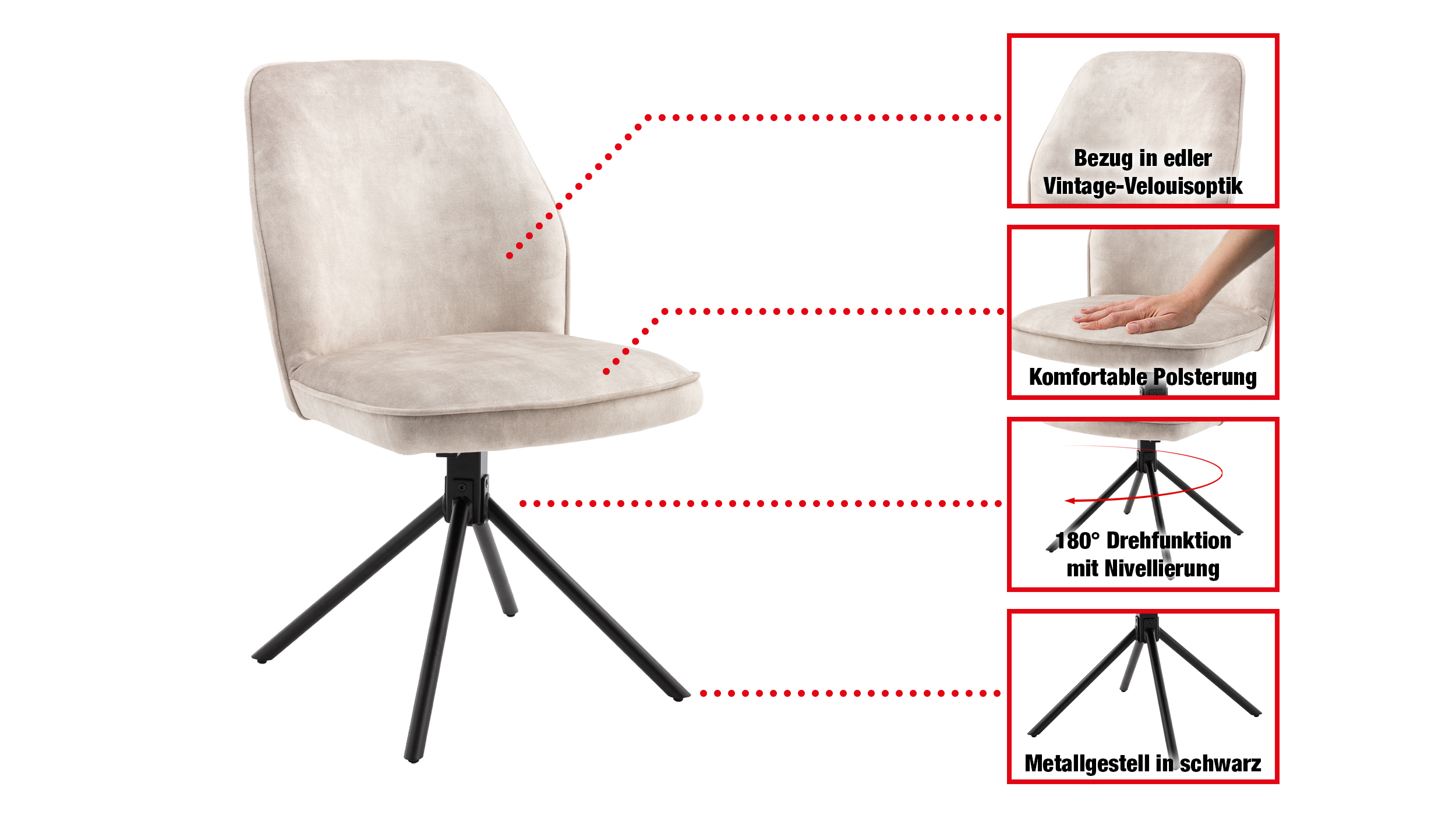 Polsterstuhl creme Metallgestell Velours Optik drehbar - OTTAWA