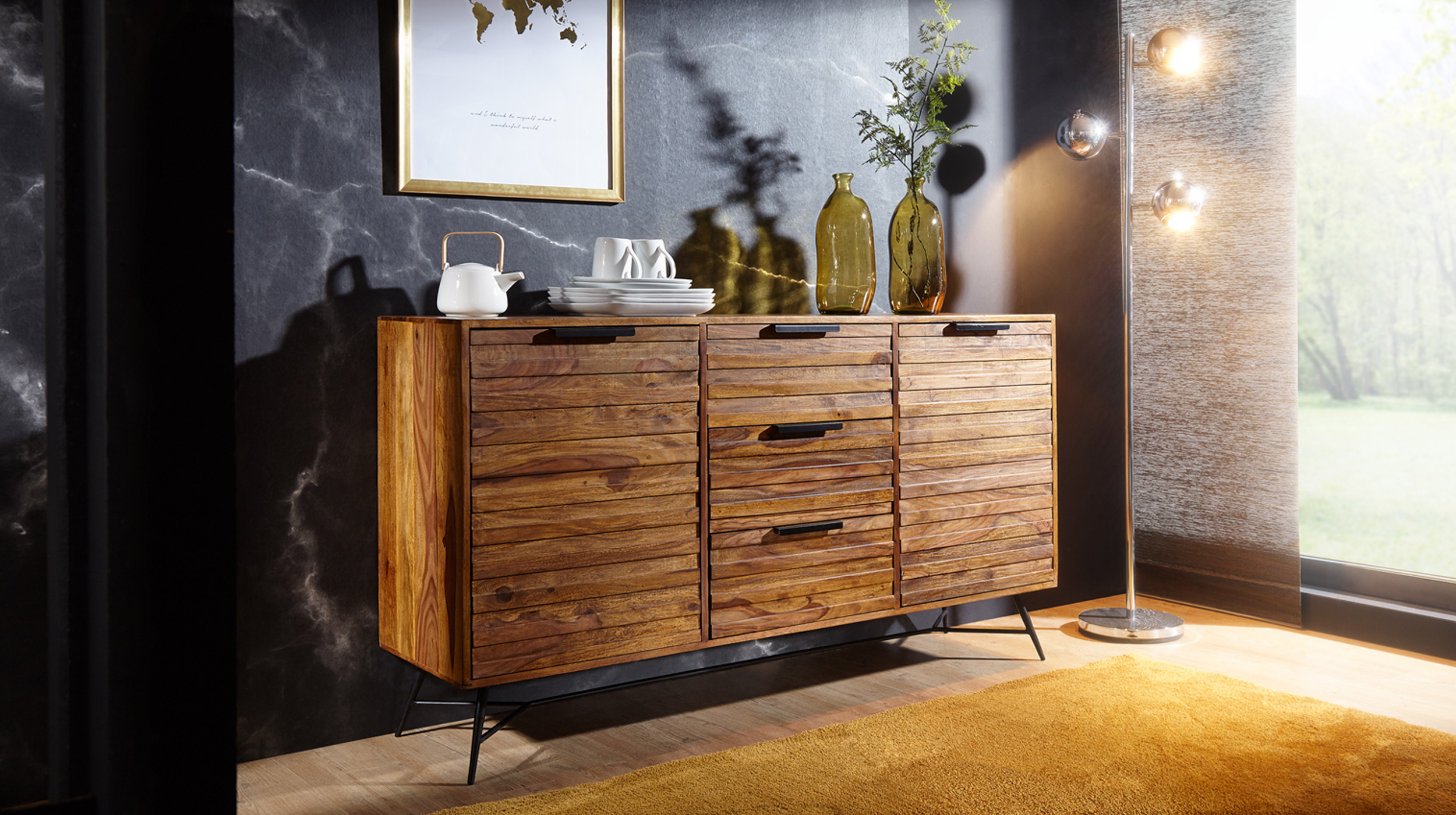 Sideboard 3 Schubladen Sheesham massiv gebeizt 160 cm - TORHILD