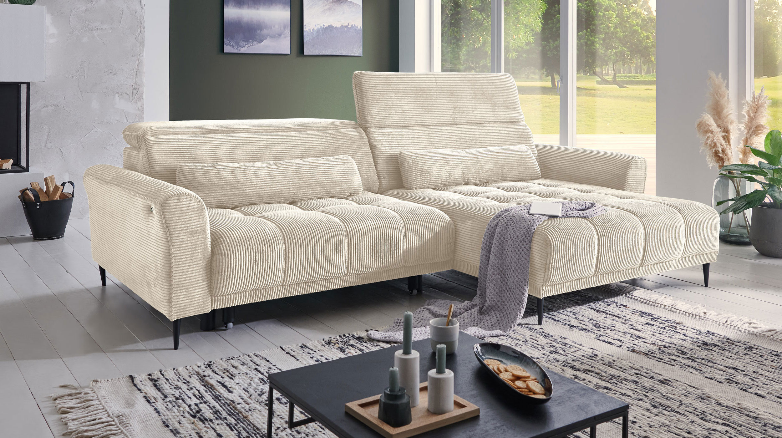 Ecksofa Cord beige ausziehbar - Sitztiefenverstellung - 277 cm - OT rechts - LOGAN