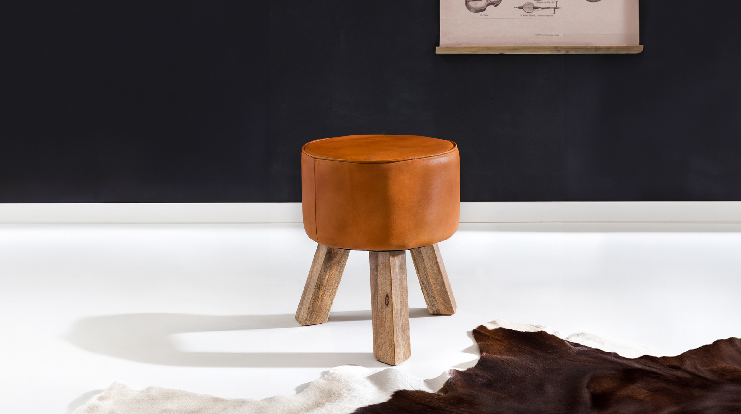 Sitz- & Fußhocker rund Echtleder braun Mango massiv - SILVAS