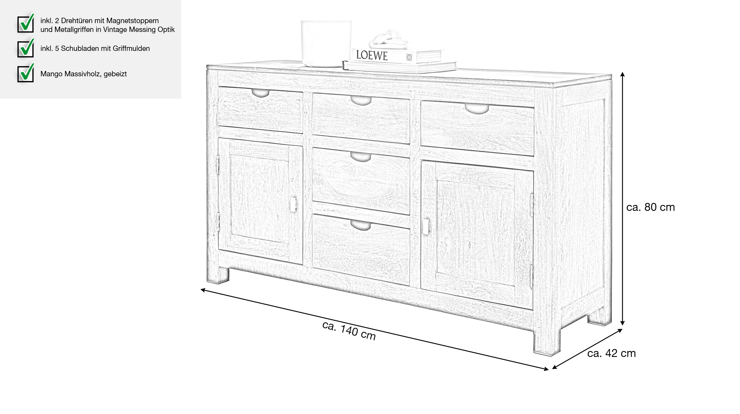 Sideboard 140 cm Mango massiv gebeizt montiert - MANGALA