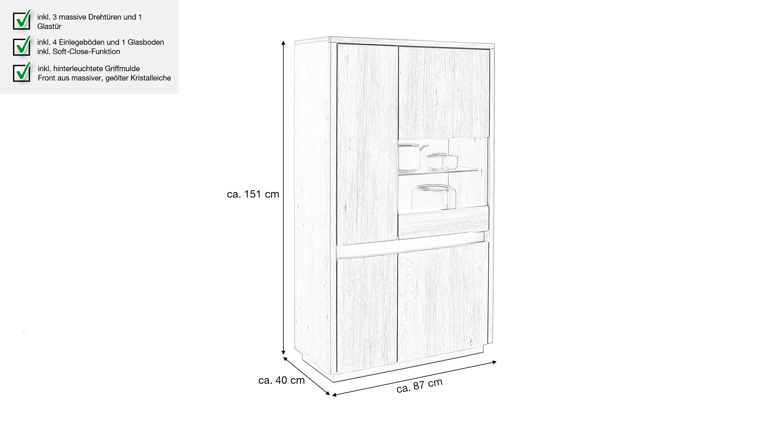 Highboard mit Glastür Kristalleiche massiv geölt 87 cm - LARVIK
