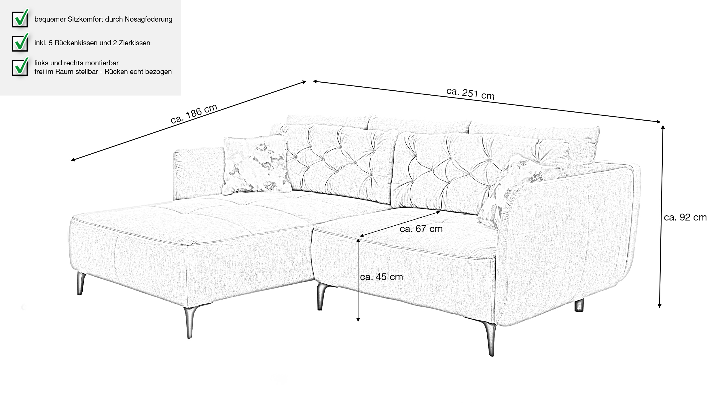 Ecksofa blau Veloursbezug 251 x 186 cm - SALO