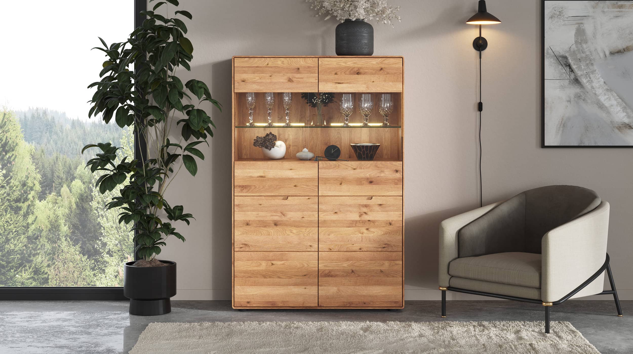 Highboard mit Glastüren Wildeiche massiv 100 cm - LUCAS 