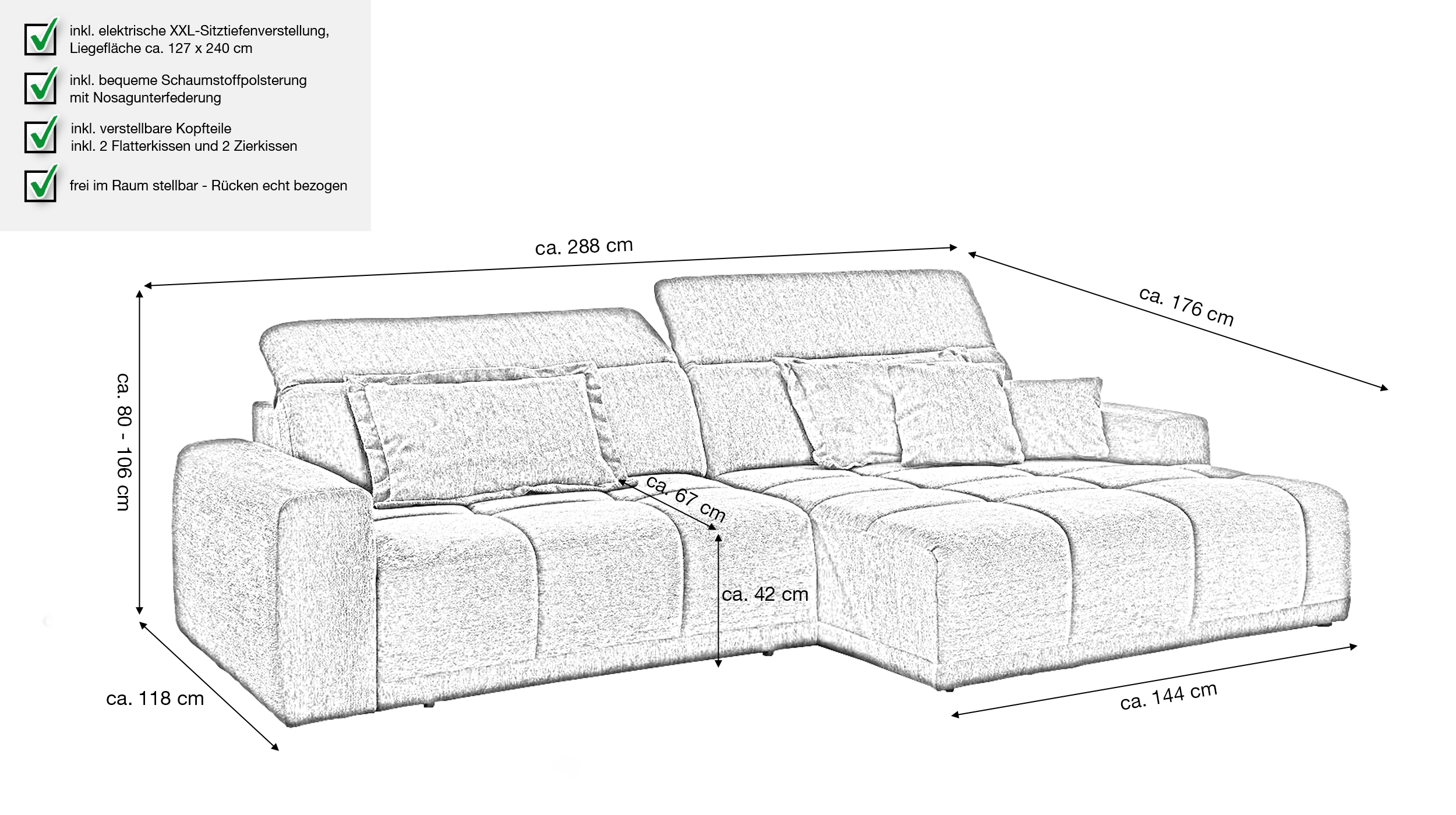 Ecksofa beige elektrisch ausfahrbar 288 cm - OT rechts - BROOK